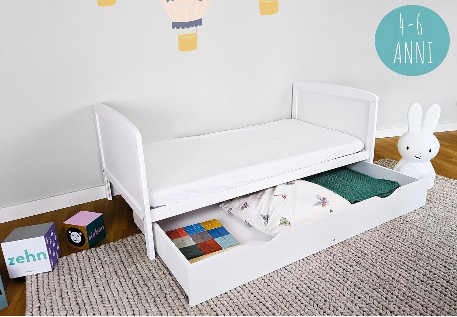 Kids Collective Lettino per bambini 70x140 Lettino trasformabile con sponde regolabili in altezza e barre rimovibili | bianco Legno massello di pino Made in Europe | dalla nascita fino ai 6 anni