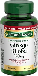 NATURE'S BOUNTY Gingko Biloba, 120 mg, Value Size, 180 Capsules, 78.5 g | Helps to Enhance Cognitive Function, Helps to Support Peripheral Circulation, For Adults, 180 Capsules