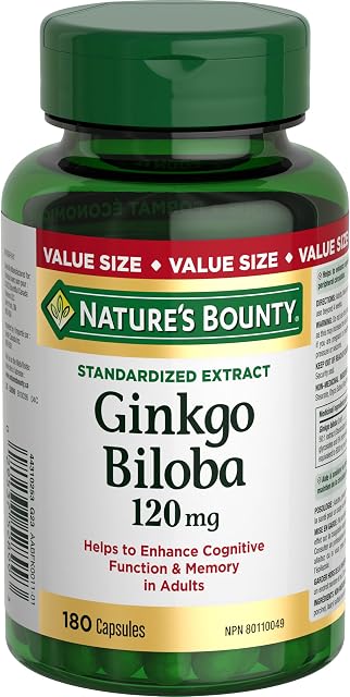 NATURE'S BOUNTY Gingko Biloba, 120 mg, Value Size, 180 Capsules, 78.5 g | Helps to Enhance Cognitive Function, Helps to Support Peripheral Circulation, For Adults, 180 Capsules