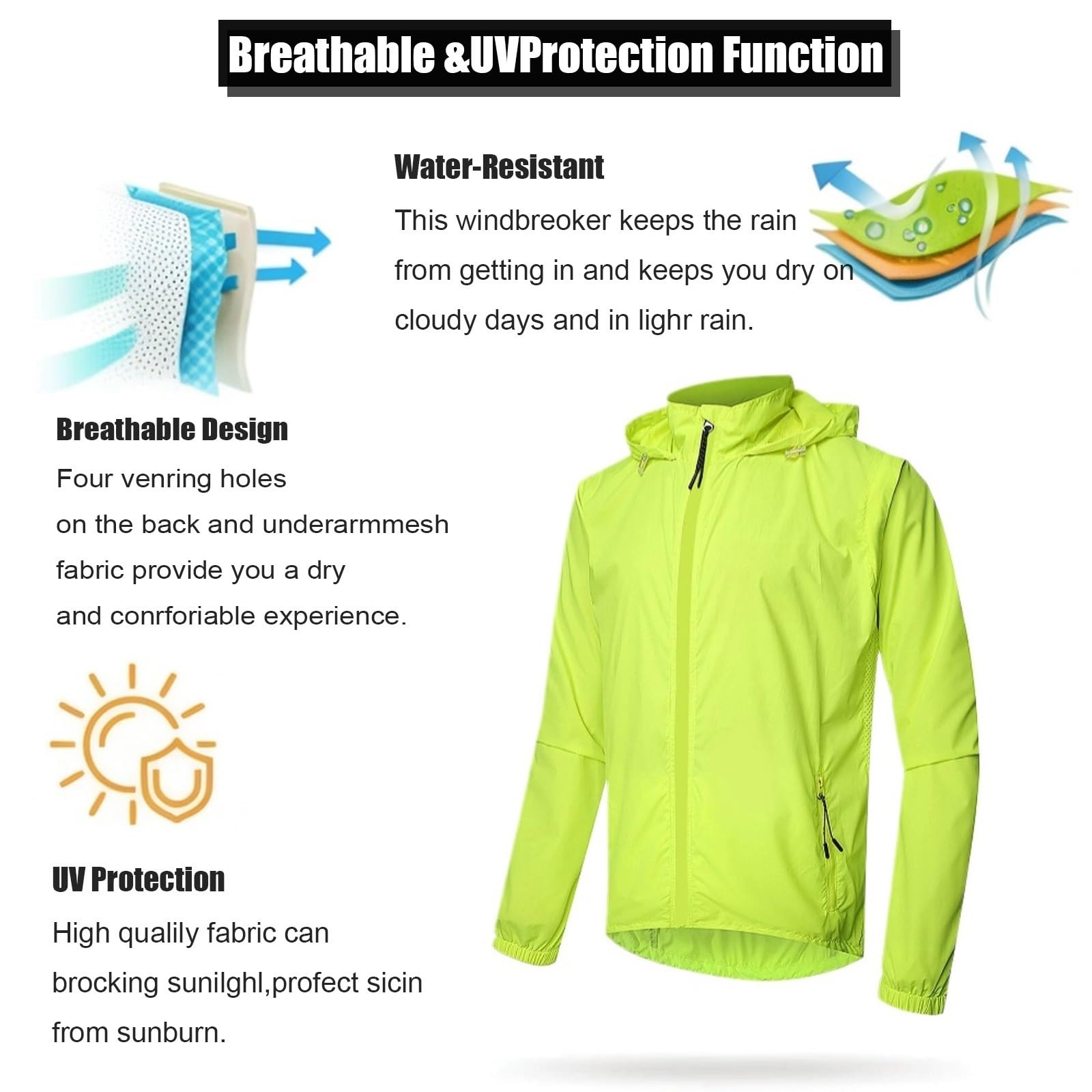 Chaqueta de ciclismo, chaquetas reflectantes impermeables y ligeras para hombres con capucha