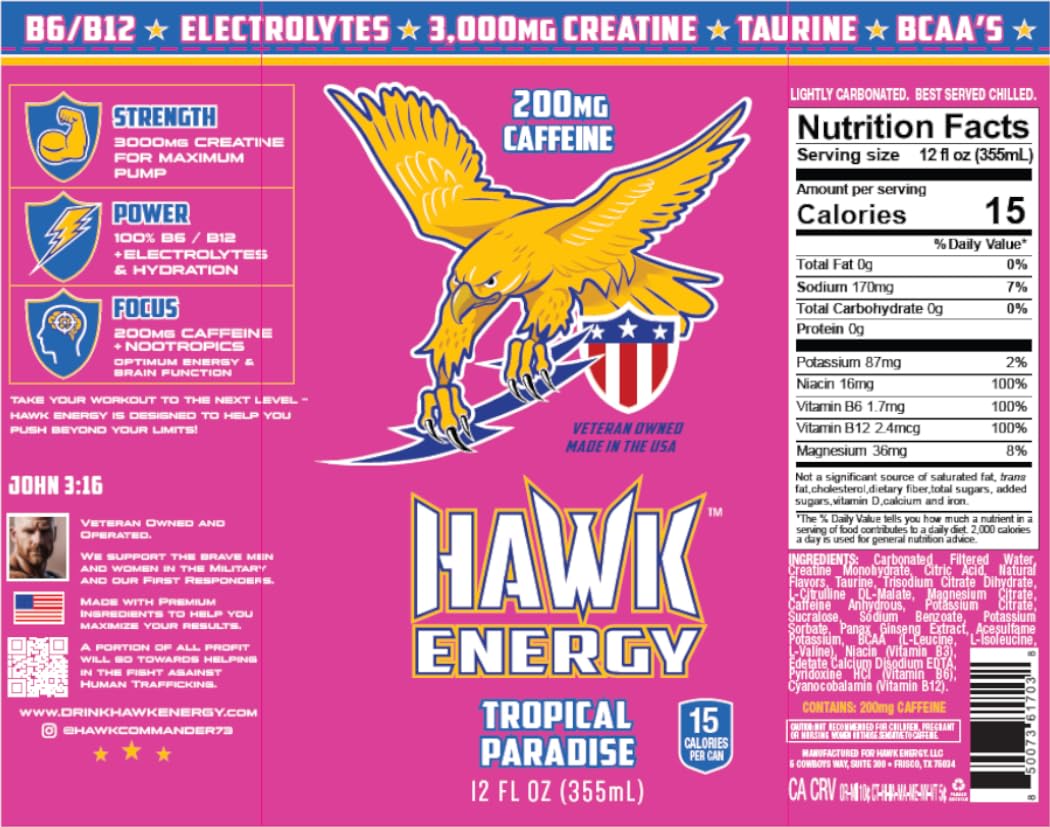 HAWK ENERGY PERFORMANCE - TROPICAL PARADISE - Premium Sugar Free Energy Drink - 12 Pack - 12 oz cans - Focus and Power - 3000mg Creatine, 200mg Caffeine, BCAA's, B6/B12, Taurine and L-Carnitine, 100% Veteran Owned and Made in the USA