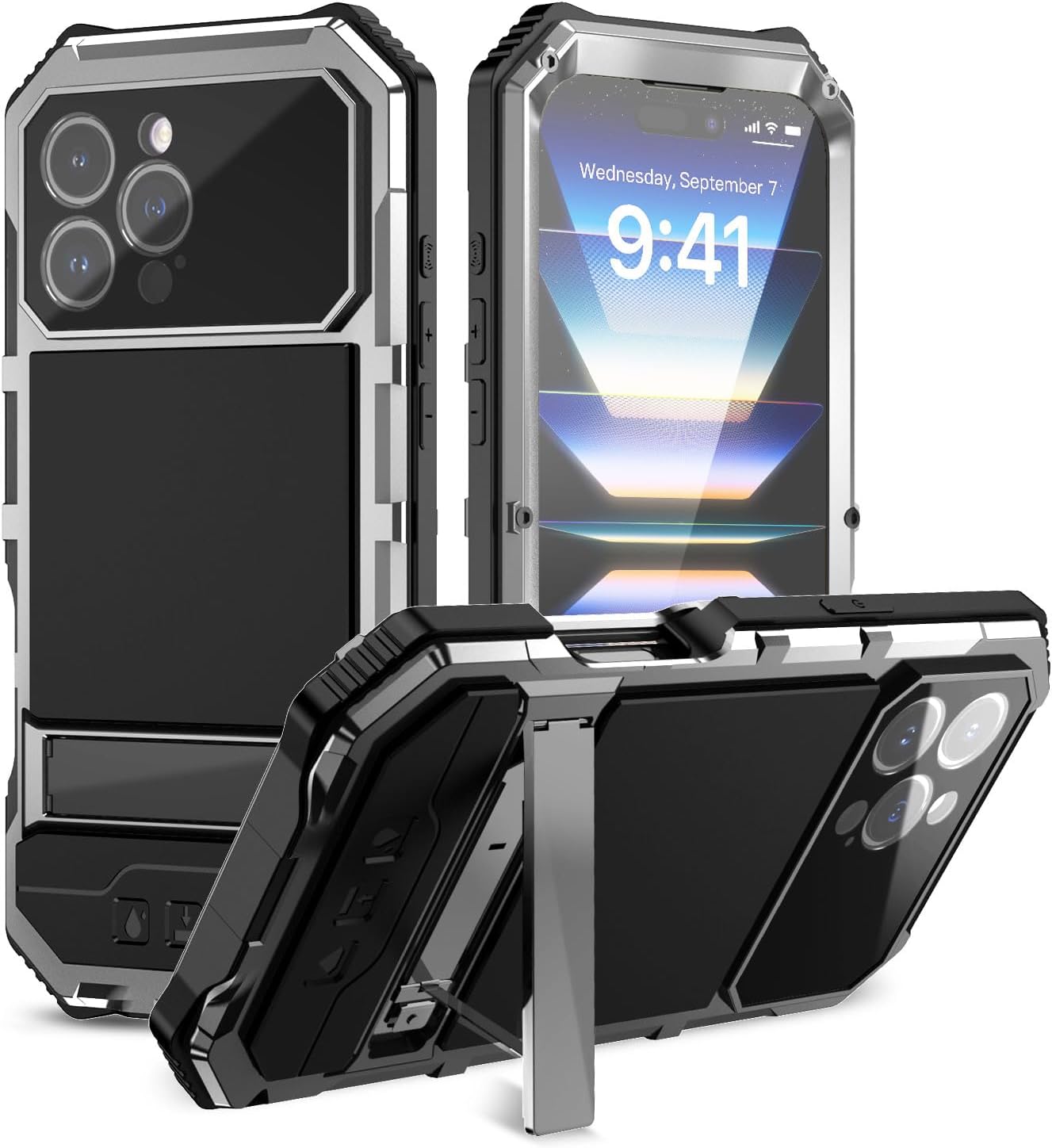 Lunivop Compatible with iPhone 16 Pro max Case Heavy Duty Protection Dustproof Built in Screen Protector Rugged Stand 360 Full Body Military Grade Metal Bumper Phone Cases (Silver 2024)