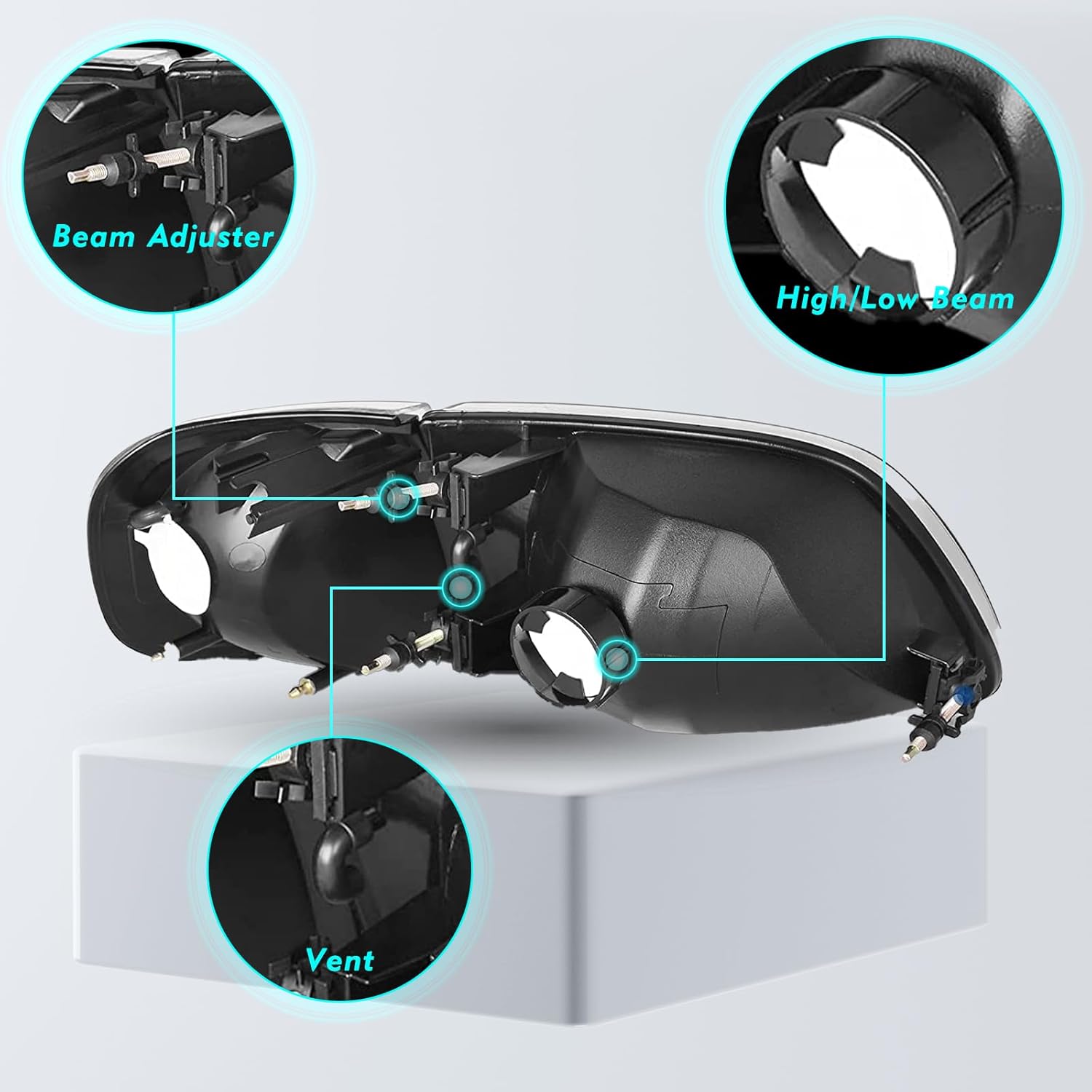 Headlight Assembly Compatible with 97-03 Ford F150 / 04 Ford Heritage / 97-02 Ford Expedition / 97-99 Ford F250 w/Corner Lights 4pcs, Black Housing with Clear Reflector