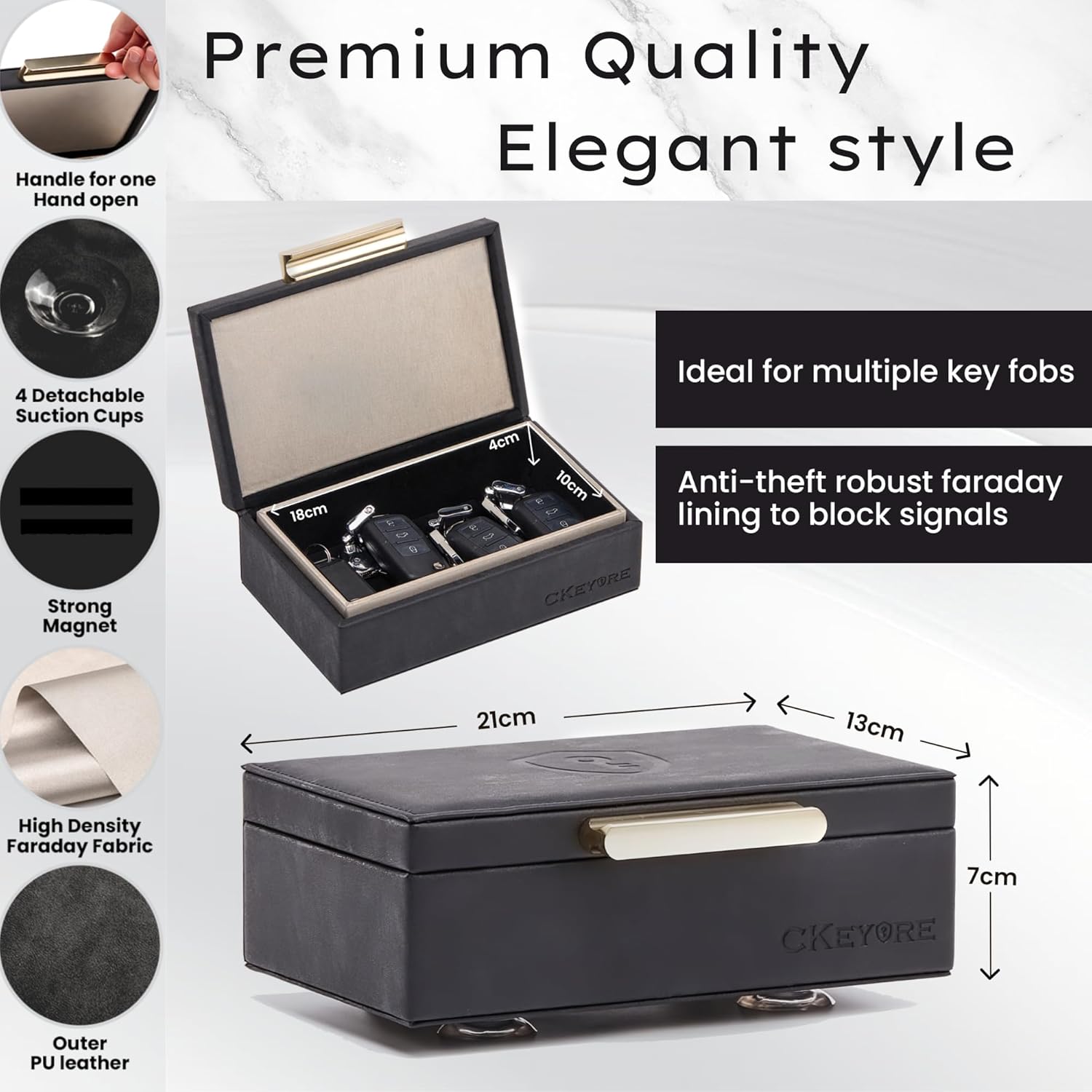 CKEYURE Key Box | Faraday Box for Car Keys | Car Key Signal Blocker Box | RFID Key Box | Key Holder | Key Safe | Signal blocking key box for car security | One Hand Operation (Black)