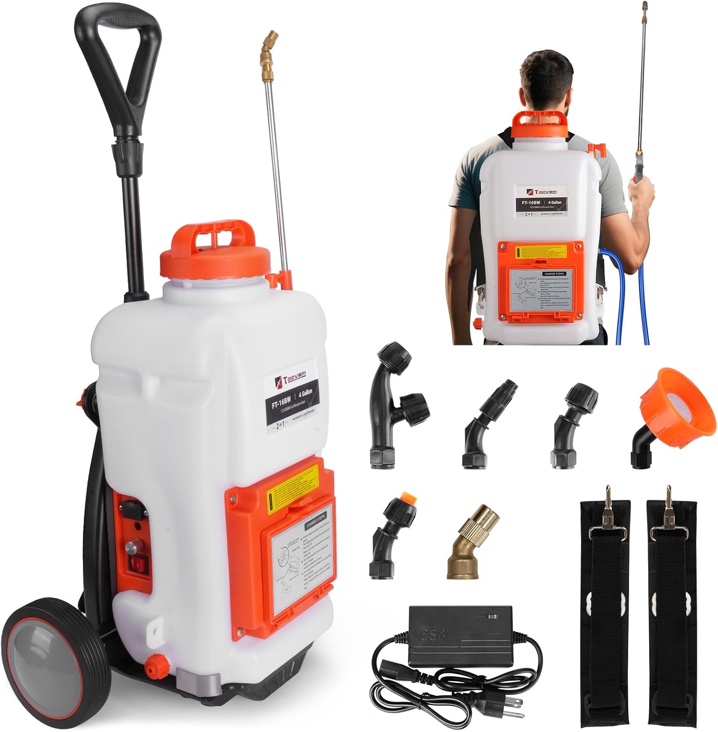 Toovem Battery Powered Backpack Sprayer, 4 Gallon Electric Sprayer with Wheeled Cart, Adjustable 0-94 PSI Backpack Garden Sprayer with 10FT Hose, 6 Nozzles for Lawn, Garden, Yard