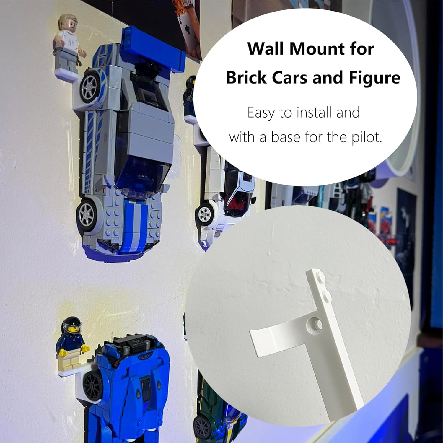 TEYOUYI 12PCS Wall Mount for Any Lego Speed Champions Sets Wall Mount for Lego Speed of Champions with a Base for The Pilot,Wall Mount for Brick Cars and Figure White