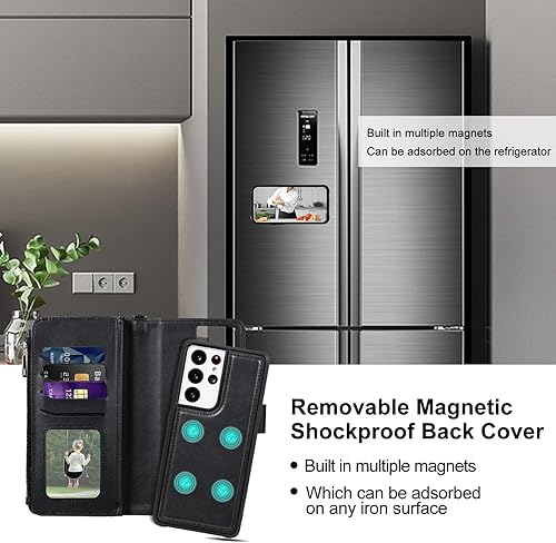 Miniatura 10 de Funda para Galaxy S21 Ultra, funda magnética desmontable 2 en 1, funda de piel sintética con tarjetero para Samsung Galaxy S21 Ultra, color negro