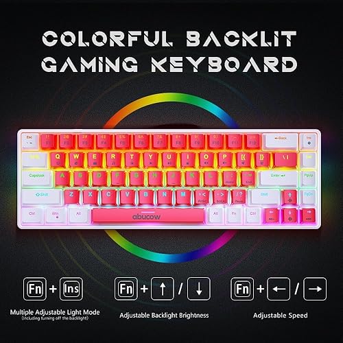 Miniatura 3 de abucow Teclado mecánico con cable 60% - Diseño compacto de 68 teclas, anti-fantasma completo, interruptor marrón intercambiable, teclas blancas y