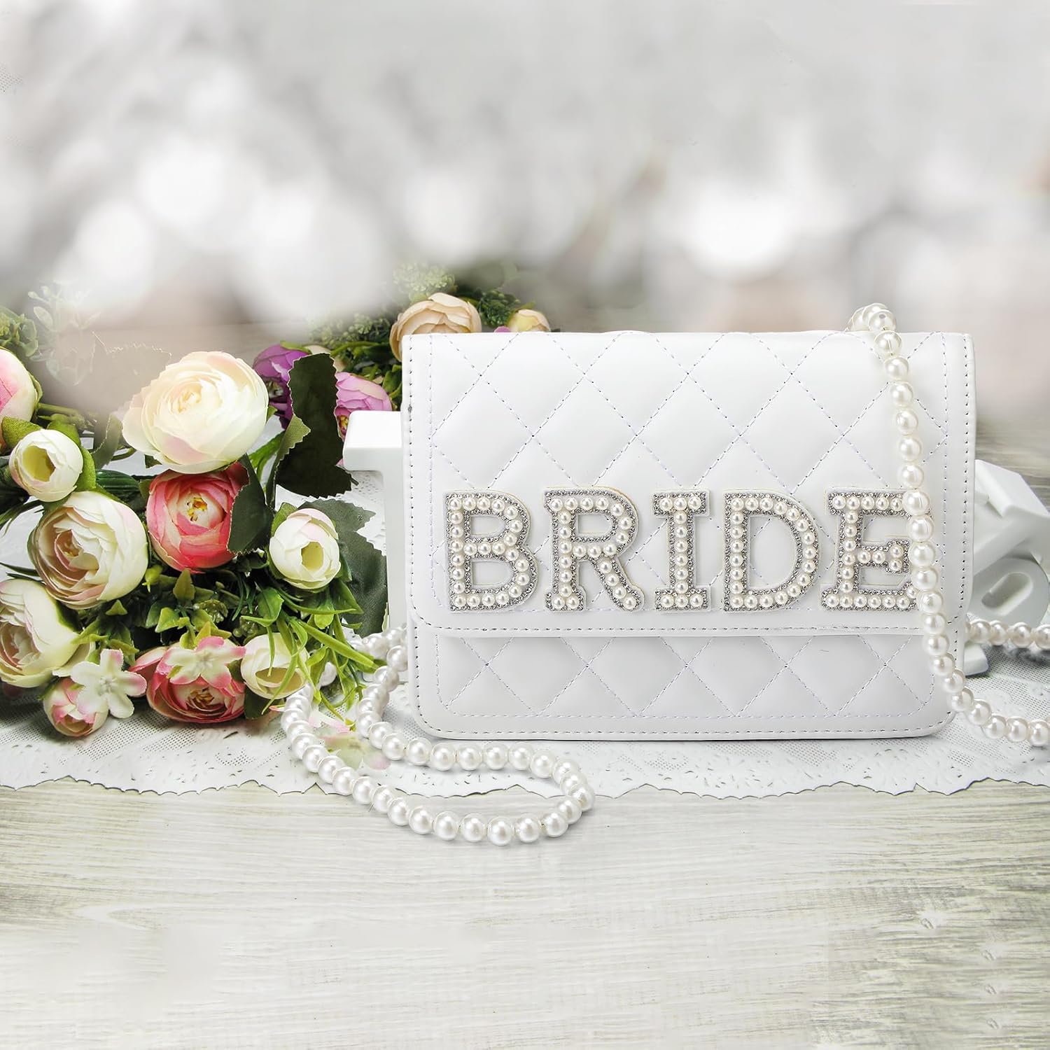 Eccliy Wifey Gift Mrs Bride White Leather Bag with Pearl Chain Clutch Evening Bag for Wedding Anniversary - Image 3