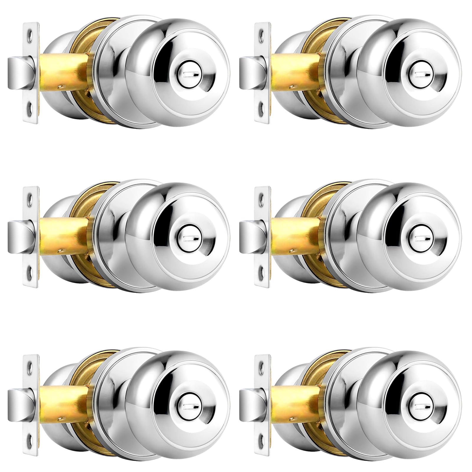 Probrico Privacy Bed Bath Knobs in Polished Chrome Interior Door Locks for Bedroom Bathroom 6 Pack