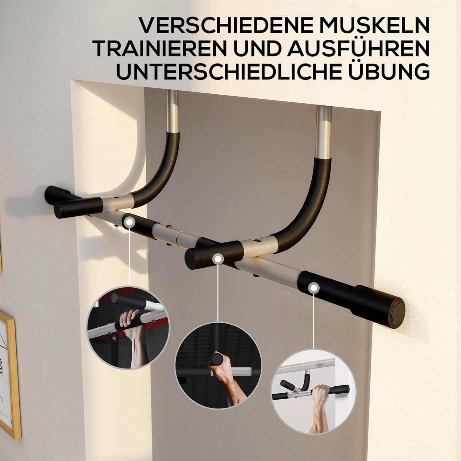 Close-up view of the pull-up bar handles, illustrating different grip positions for varied exercises.