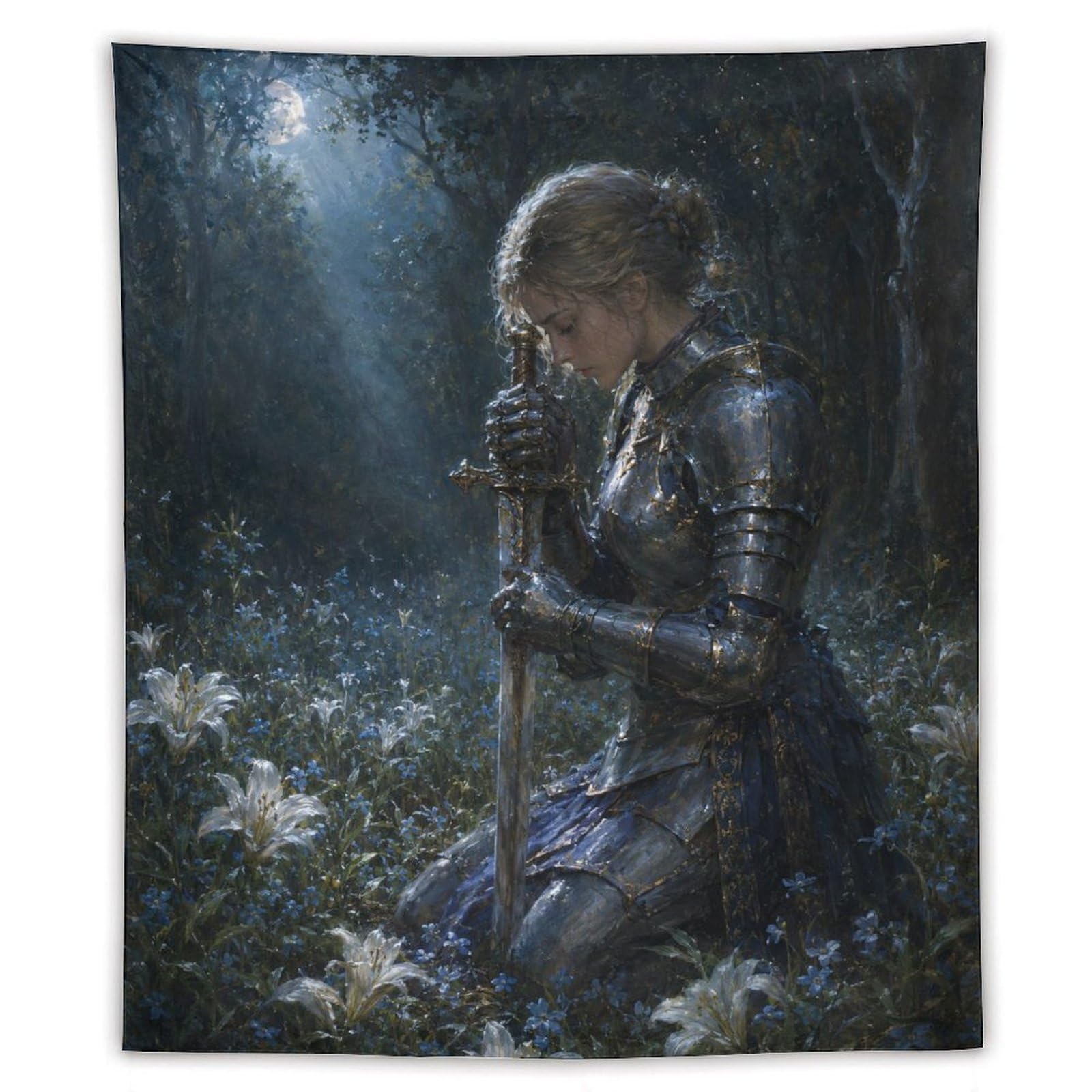 W7C8U2X3 Medieval Female Knight Moonlit Wall Tapestry, Bedroom