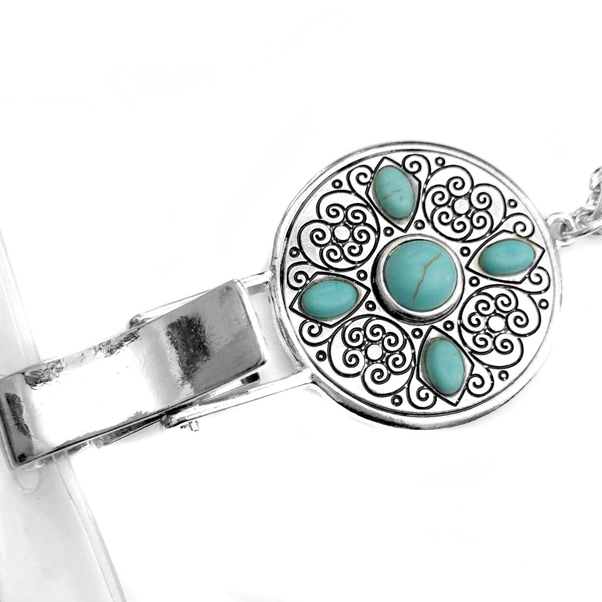 Antiqued Silver Disc with Turquoise Stones: Lanyard Chain Necklace (Plus Two Clear Pouch/ID/Badge/Vacc Card Holders)