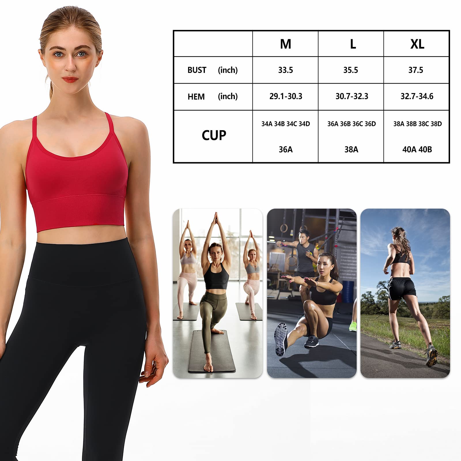 Sujetadores deportivos para mujer, espalda cruzada, acolchados, soporte medio, para yoga, gimnasio, correr, entrenamiento, fitness, B - Rojo, Large