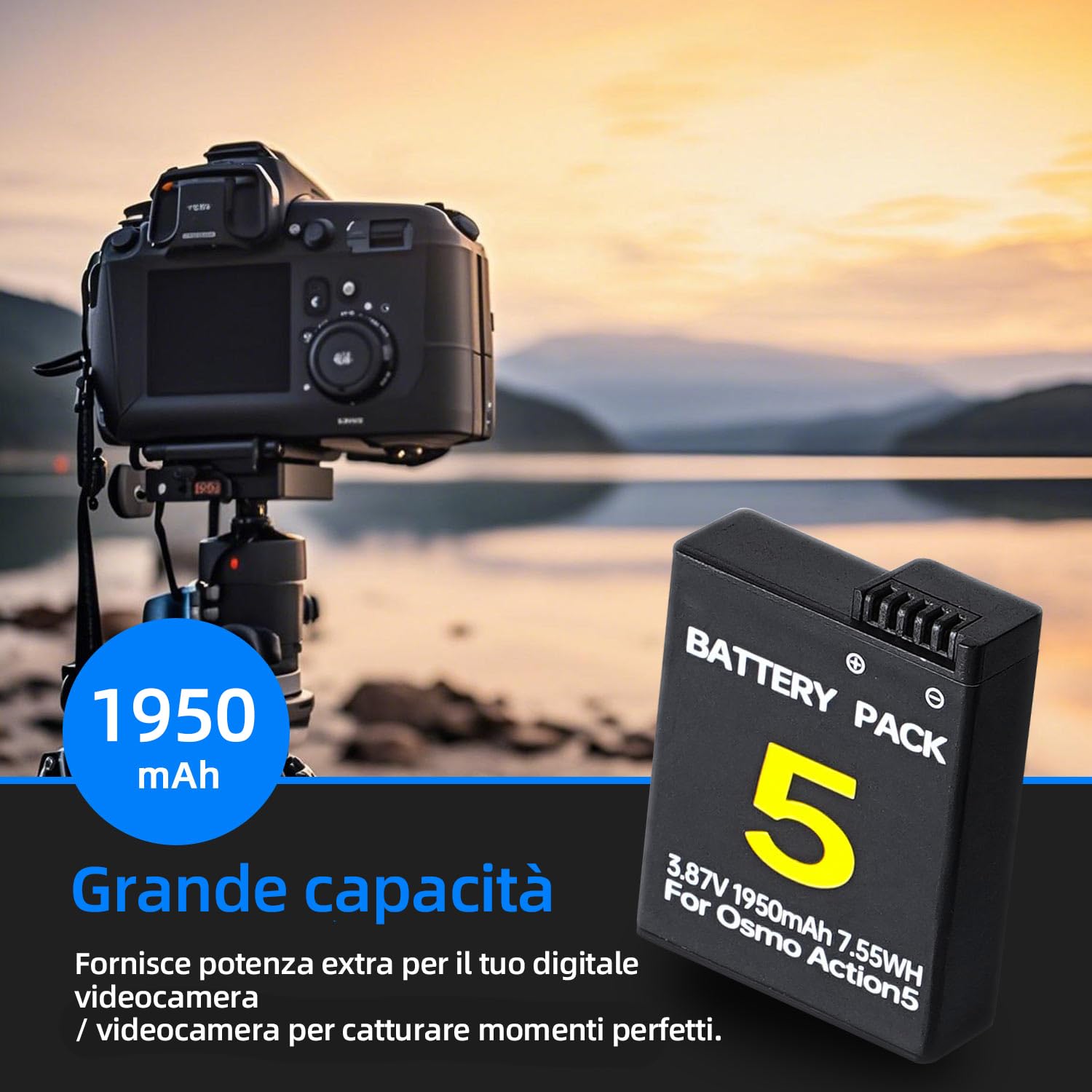 Batteria compatibile con DJI Osmo Action 5 Pro/4/3 e Osmo 360 | Freddo -20°C, 7,55Wh/3,87V. Chip protezione da sovraccarico, cortocircuito e surriscaldamento