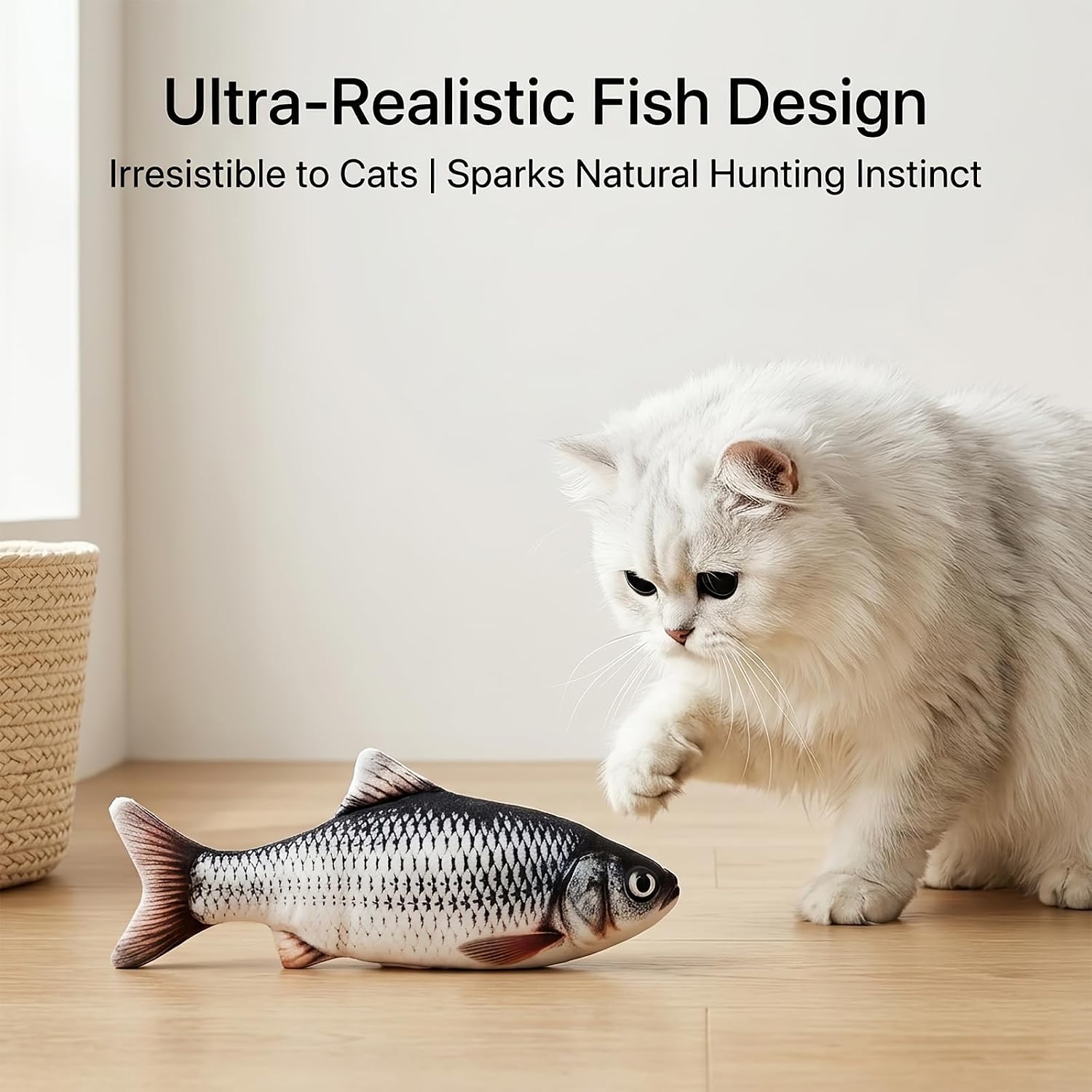 Flopping Fish Cat Toy, Interactive Moving Plush Cat Kicker Toy with Catnip Pocket, USB Rechargeable Automatic Wiggle Carp Toy for Indoor Kitten & Small Dogs, Single Carp（11.81Inch）