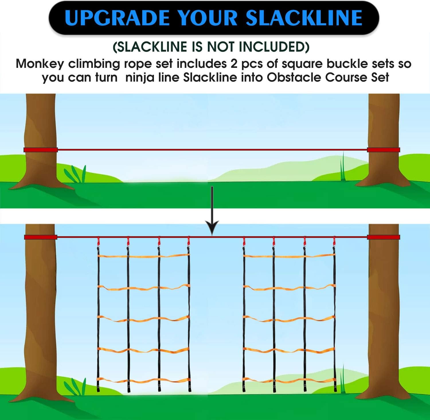 Odoland 3.9ftx6.6ft Ninja Net Climbing Cargo Net Rope Ladder for Kids Outdoor with 4 Square Buckles and 6 Delta Rings, Obstacle Course for Training Equipment and Swing Set Attachment