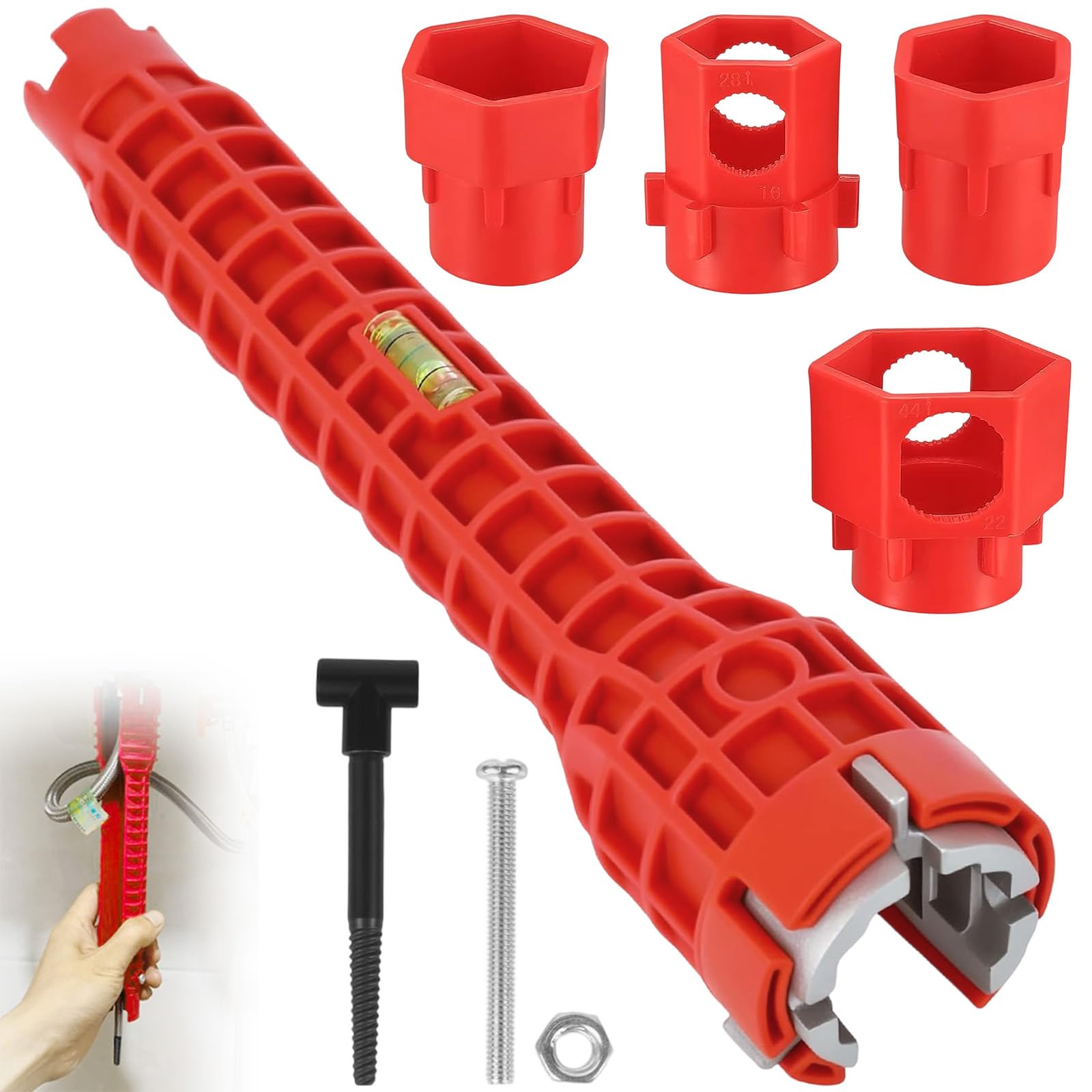 14 en 1 Llave para Grifo con 4 Enchufes, Herramienta Instalación Fregadero, Herramientas Fontanería Multifuncional, Llave Multifunción para Tuerca Lavabo, Fregaderos, Baño, Cocina (Rojo)