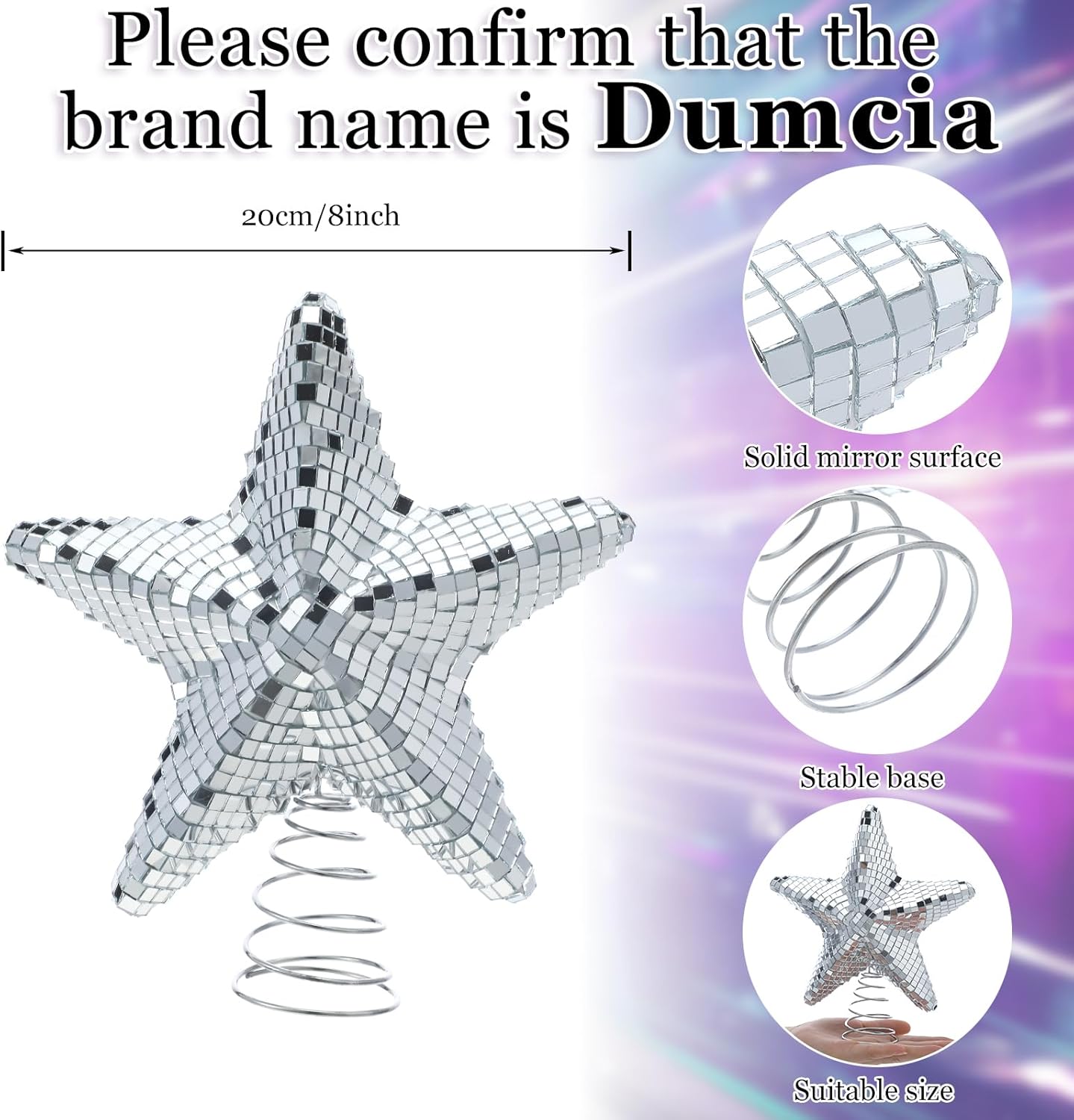 Hollowfly 8 Inch Disco Star Christmas Tree Topper Silver Disco Christmas Tree Star Mirror Reflective Decorations for Xmas Party Holiday Outdoor Indoor Home Ornaments