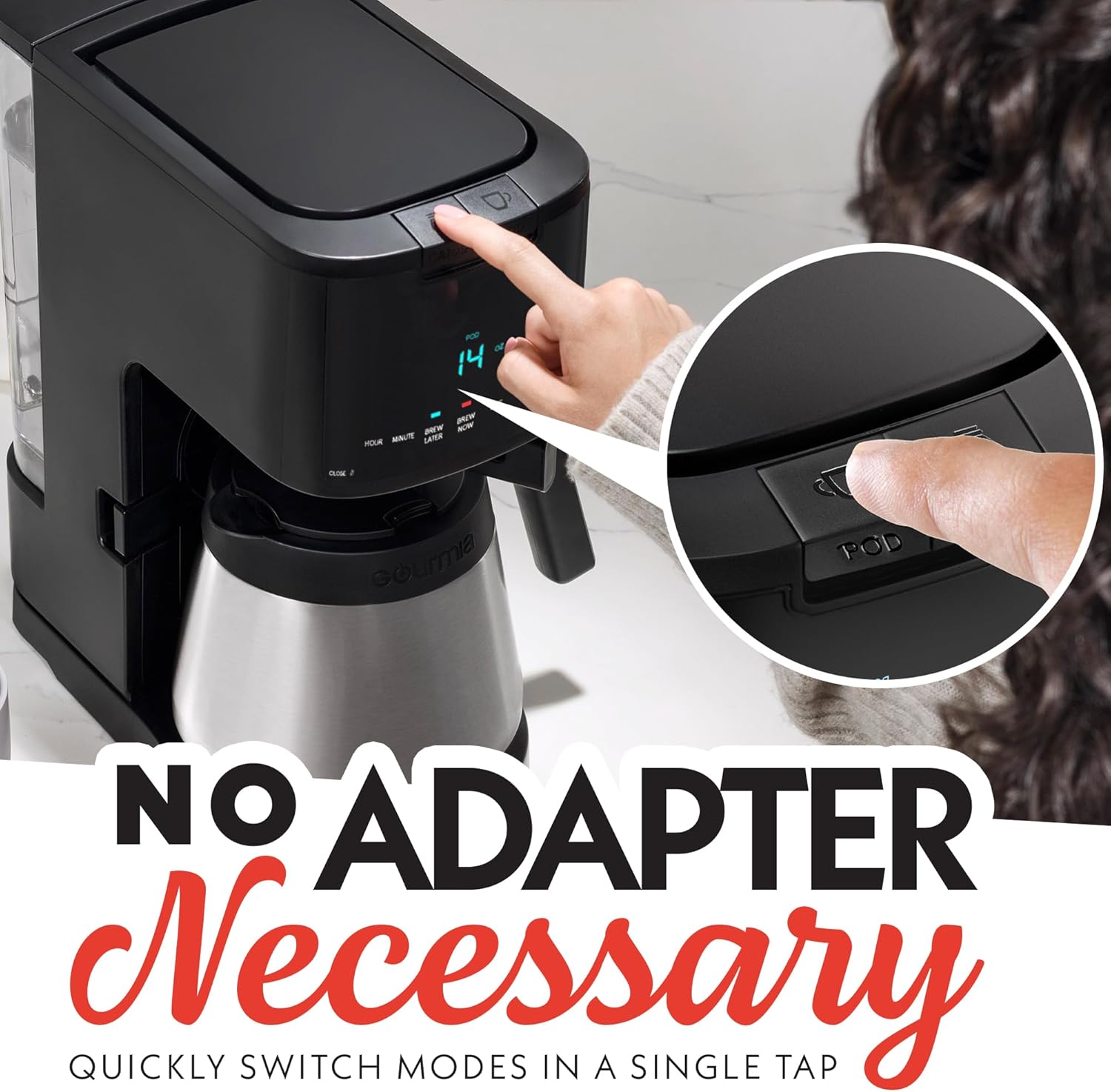 Gourmia 2-in-1 Single Serve and 12 Cup Coffee Maker - Drip Brew, K-Cup Compatible, Programmable, Pause and Serve, Removable Filter, Thermal Carafe, Black