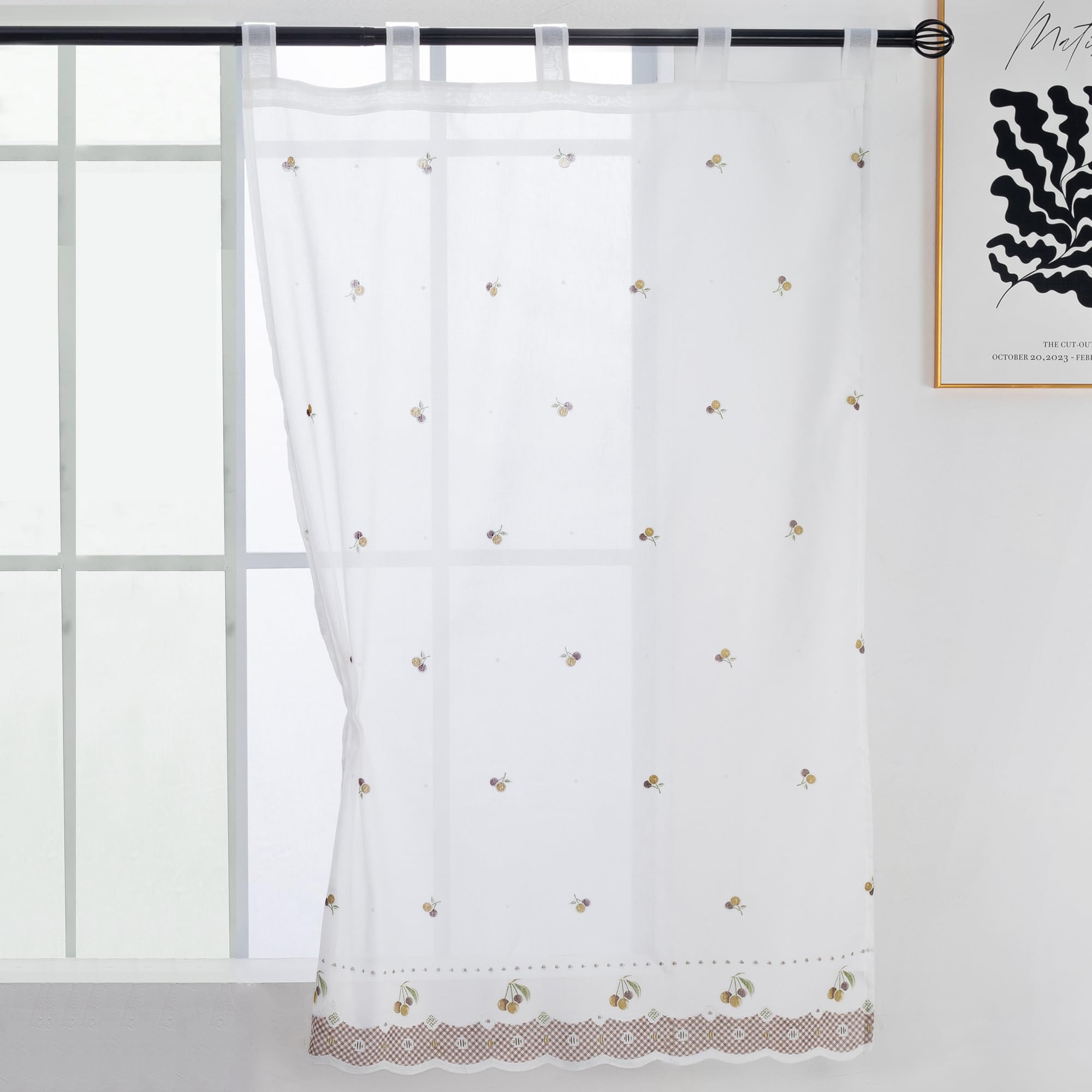 Viste tu hogar Cortina Cocina 140x145cm Blanca Traslúcida con Bordados para Ventana Corta, Visillos 100% Poliéster Cortos Translúcida para Ventanas y Marco de Puerta - Cereza Camel