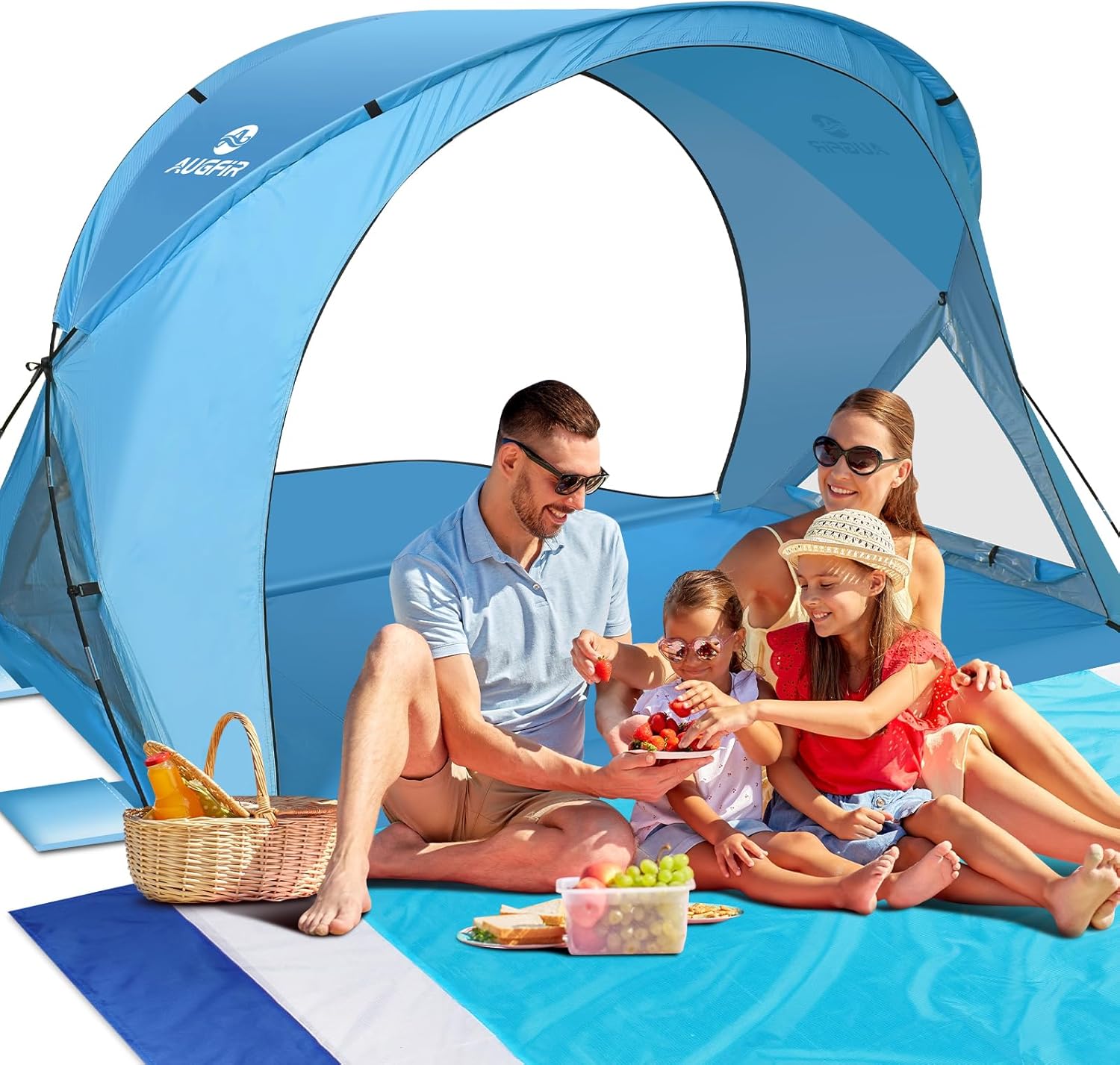Beach Tent Sun Shelter, Beach Tent with Beach Mat Set, 4 Person Portable Beach Shade Canopy with UPF 50? UV Protection, Dual-Door Ventilation Design, Easy Setup Family Beach Umbrella (Blue)