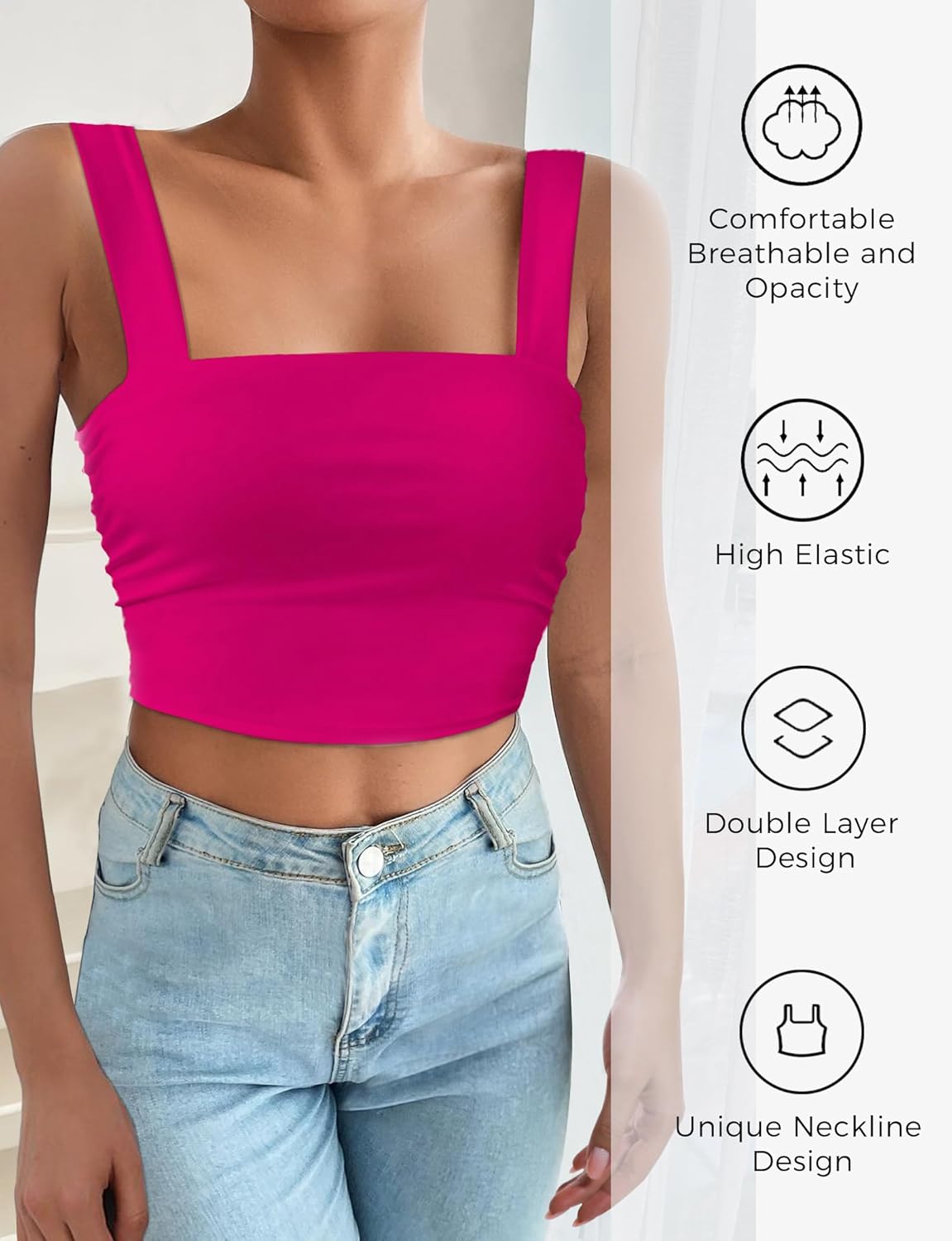 AURUZA Square Neck Tops for Women, Sleeveless Crop Tops Women, Sexy Cropped Double Layered Tank Tops, Womens Basic Tops - Image 2