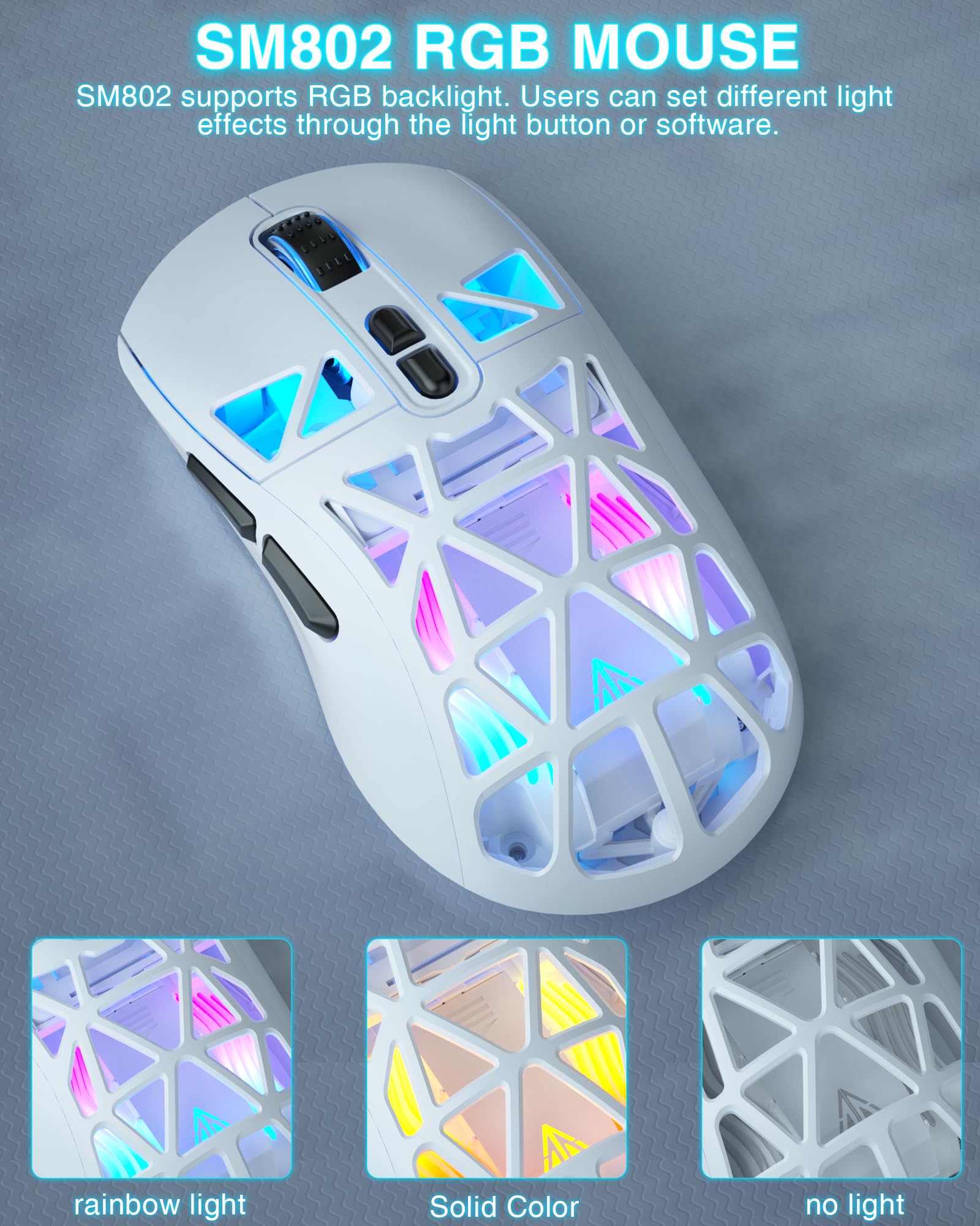 SOLAKAKA SM802 - Ratón inalámbrico blanco para juegos, 10000 DPI, Tri-Mode Wired/BT 5.0/2.4GHz Ratón inalámbrico para juegos con botón lateral, mouse macro programable RGB para laptop