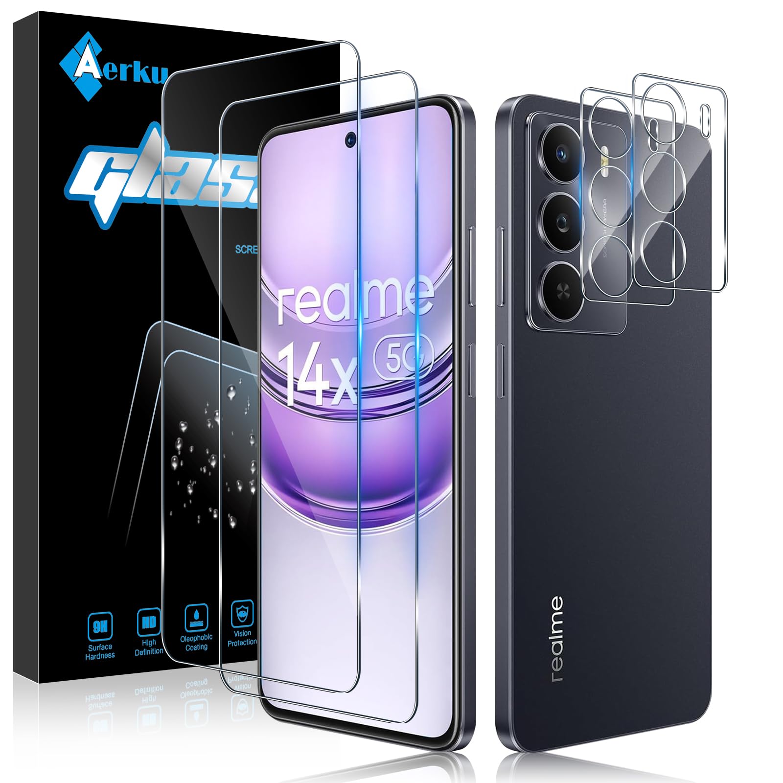 3+3 Vetro Temperato Per Realme 14 5G / 14T 5G – Durezza 9H – Antigraffio – Include Protezione Fotocamera E Kit Installazione