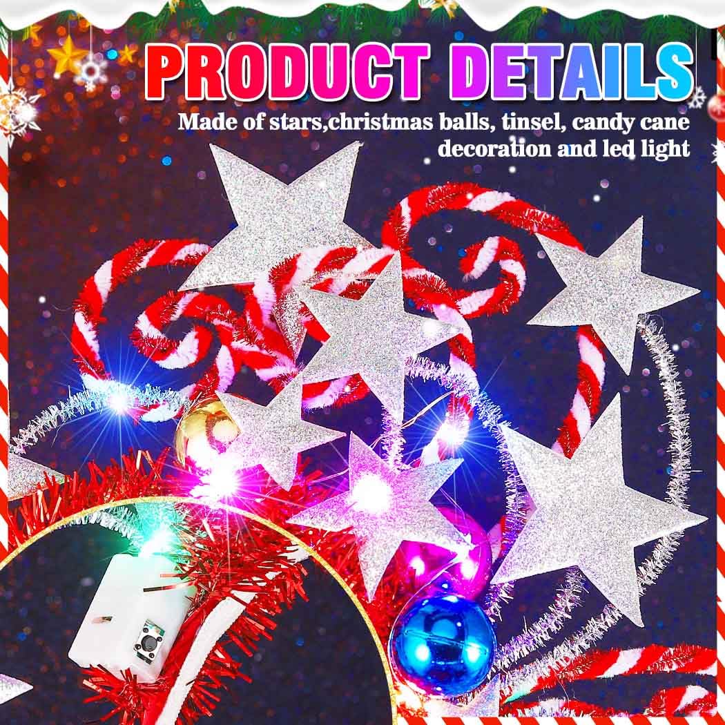 Zoestar Star Light Up Headband LED Christmas Ball Headbands Candy Cane Headwear Xmas Festival Costume Hair Accessories for Women - Image 4
