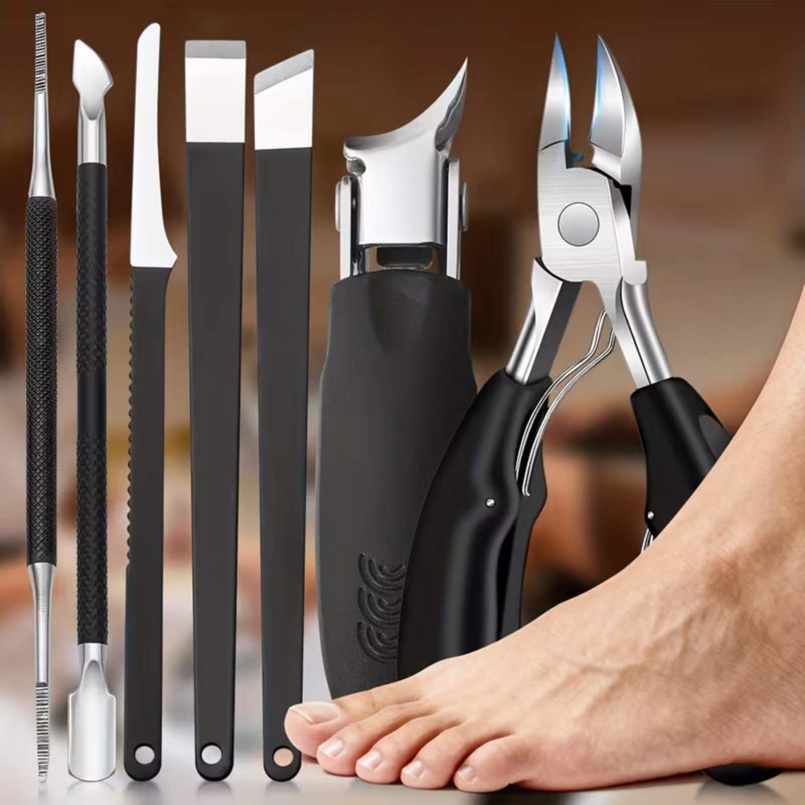 Conjunto moderno de pedicure de aço inoxidável, 7 peças, cortador de unhas com bico de