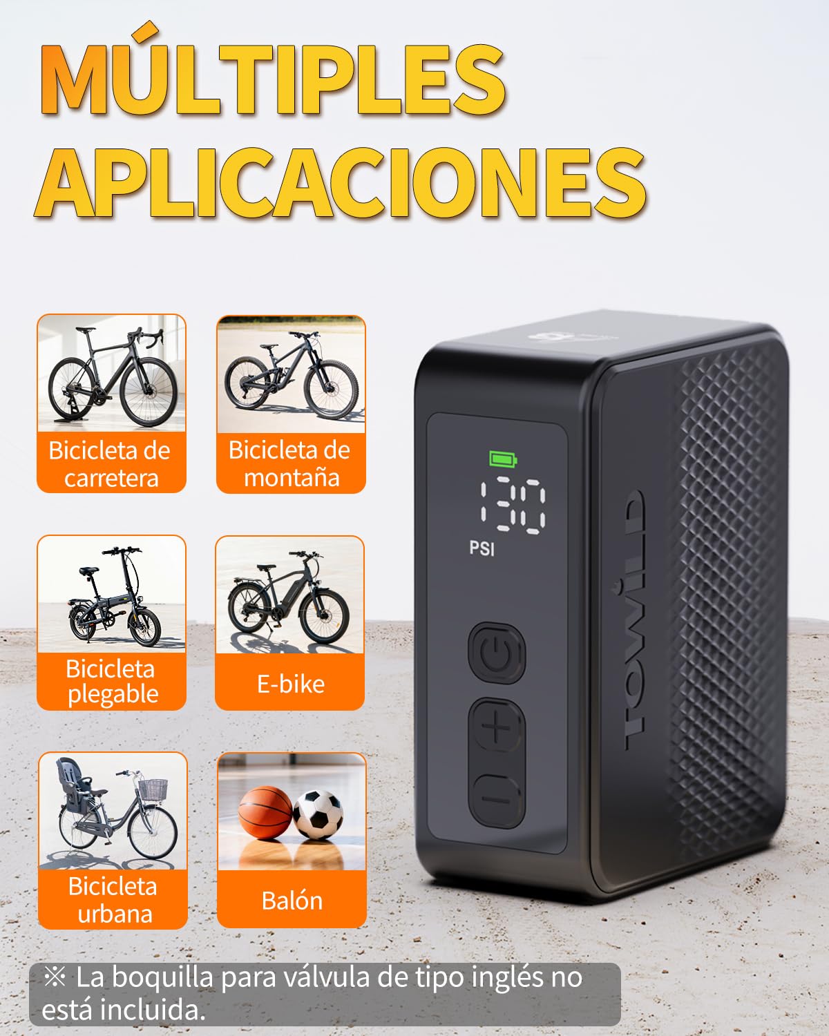 TOWILD A13 Bomba de Bicicleta Eléctrica con Manómetro, 130 PSI Bomba de Aire Portátil Compresor de Aire Recargable, Válvulas Presta y Schrader, Apagado Automático para Bicicleta de Montaña y Ciudad