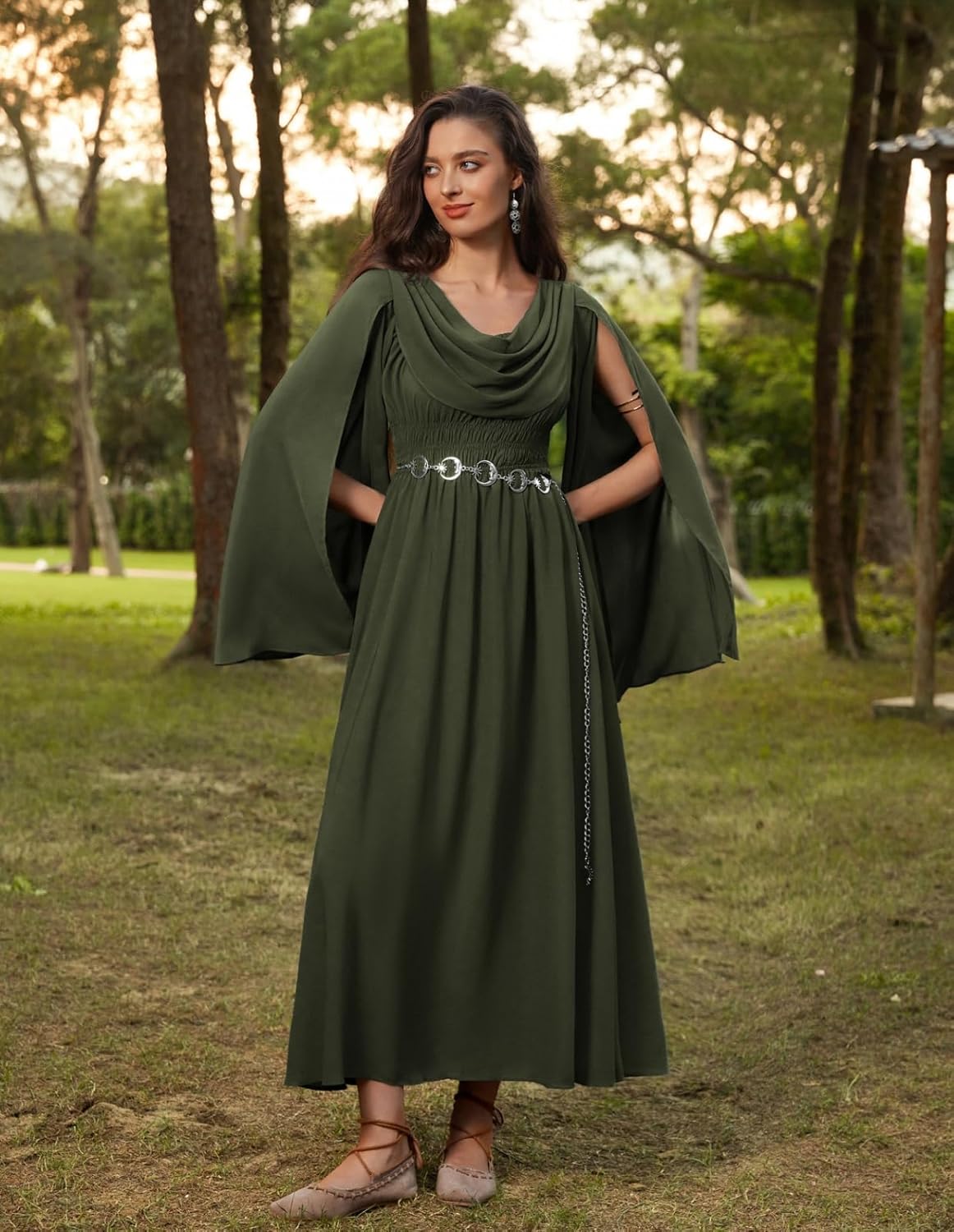 Scarlet Darkness Women Renaissance Dress Split Bell Sleeve Cowl Neck Peasant Medieval Dress - Image 5