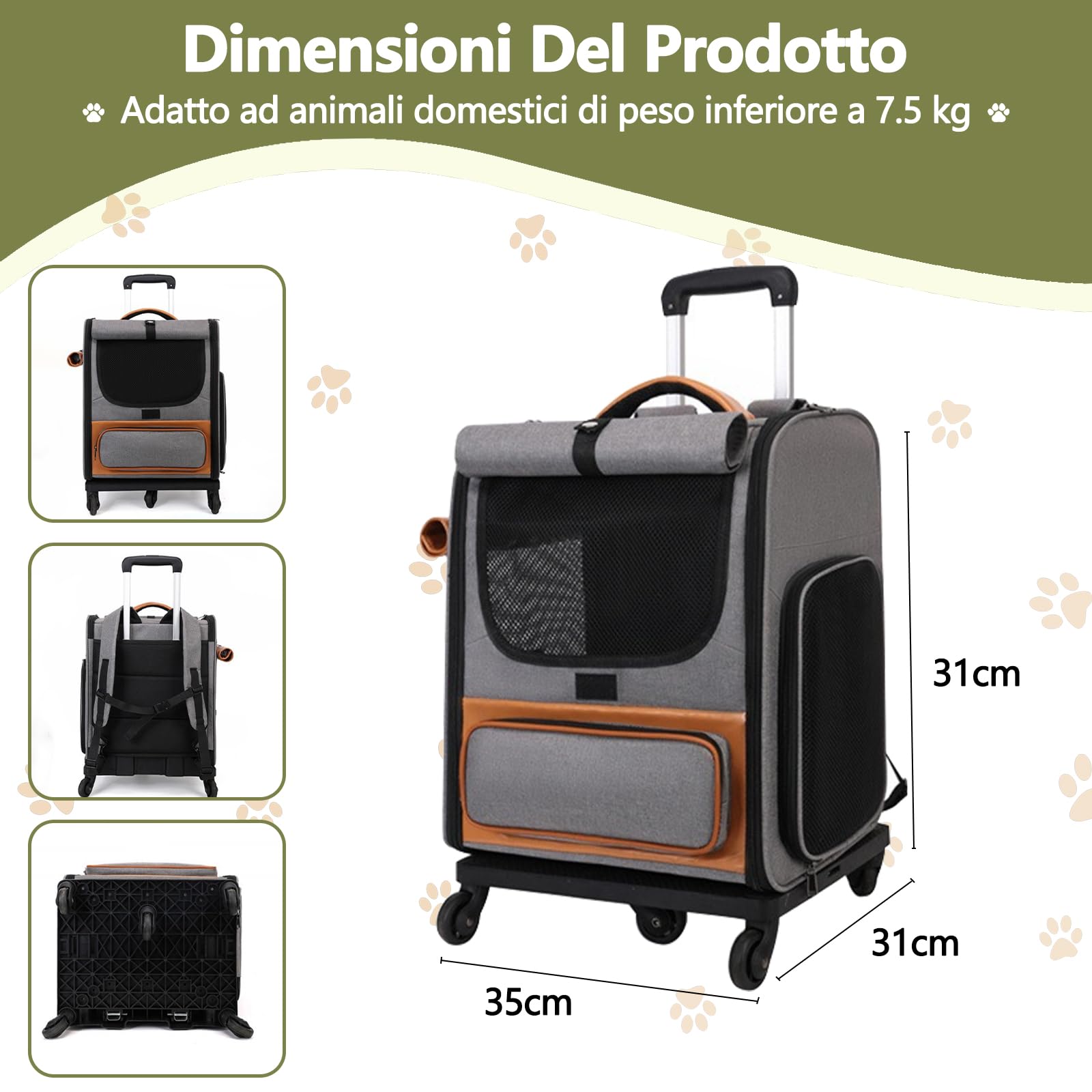 Galatée Trasportino per animali domestici con ruote, in tessuto Oxford, da trainare, 3 in 1 con maniglia estraibile/maniglia/trasportabile a spalla, design a prova di fuga（Grigio）