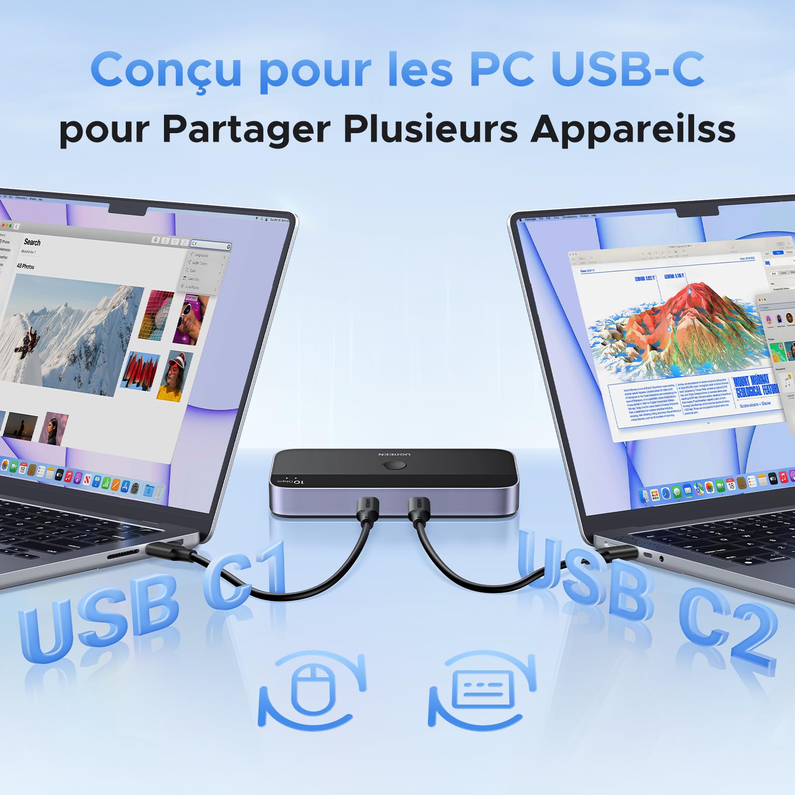 UGREEN Switch USB C 3.2 10Gbps Commutateur KVM Ports pour 2 PC Entrées 4 Sorties pour Clavier Souris Disque Dur Imprimante avec Contrôleur du Bureau et Câbles Inclus Plug Play