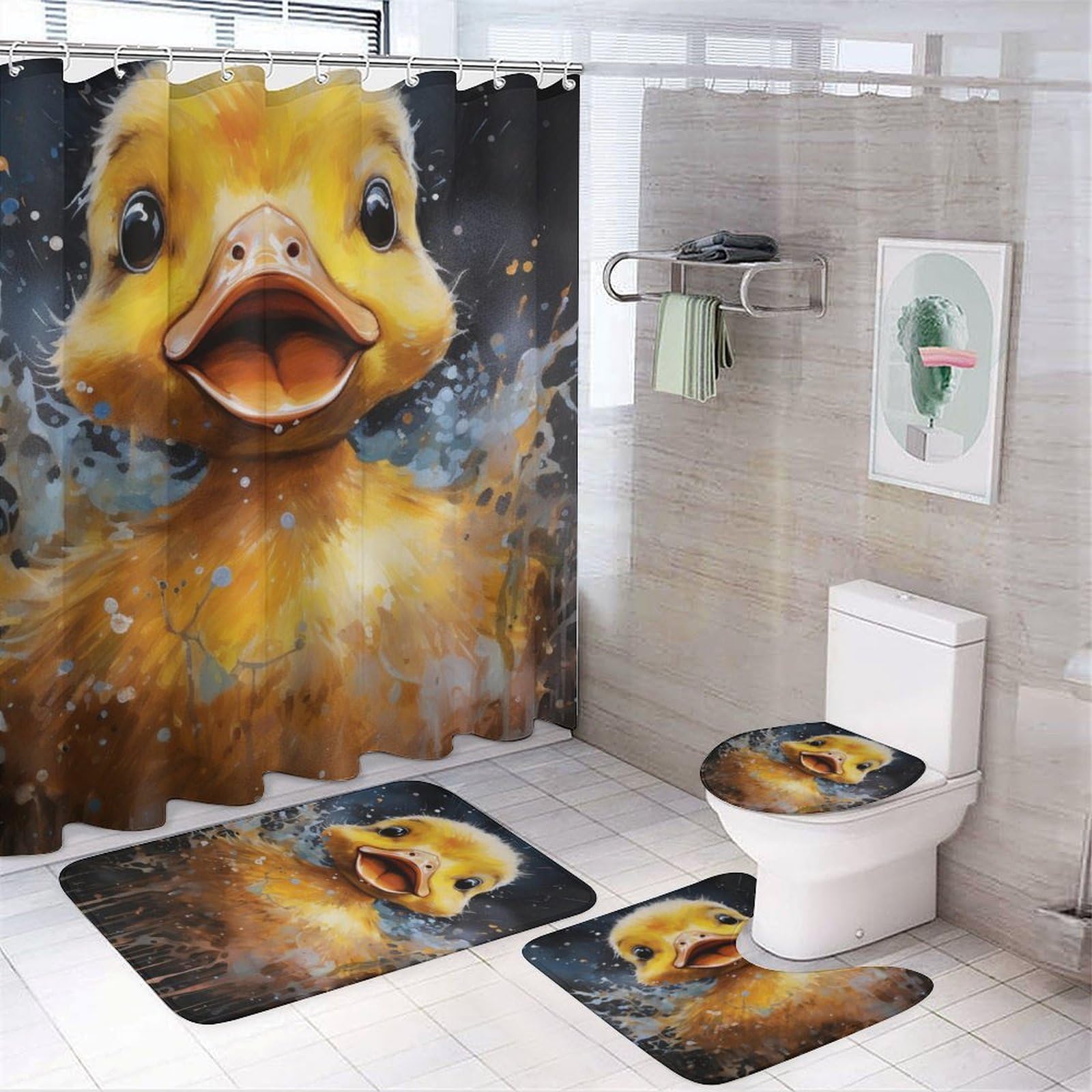 Country Duck Shower Curtain Sets for Bathroom, 4 Pieces Watercolor Yellow Cartoon Cute Animal Bathroom Decor Set Waterproof Shower Curtains with 12 Hooks Toilet Lid Rug and Bath Mat