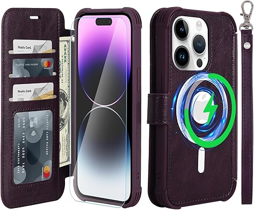 Miniatura 9 de VANAVAGY Funda tipo cartera compatible con iPhone 14 Pro para MagSafe, funda de piel sintética con tapa RFID y soporte para muñeca, carga