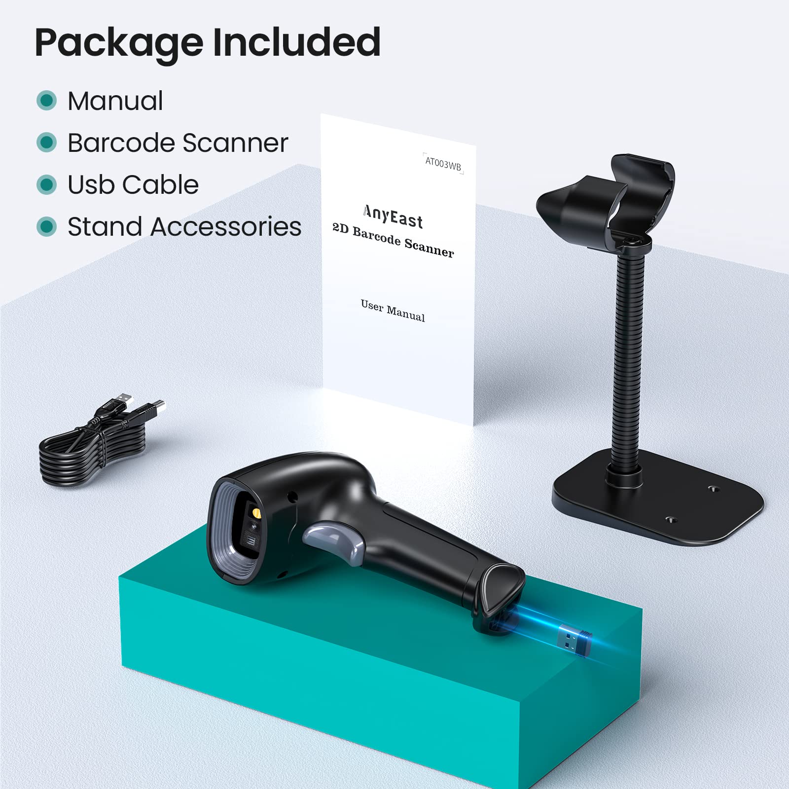 Escáner de código de barras con soporte, Bluetooth y escáner de código de barras inalámbrico, escáneres de código QR 2D 1D para computadora POS, lector de código de barras de imagen CMOS portátil para 9