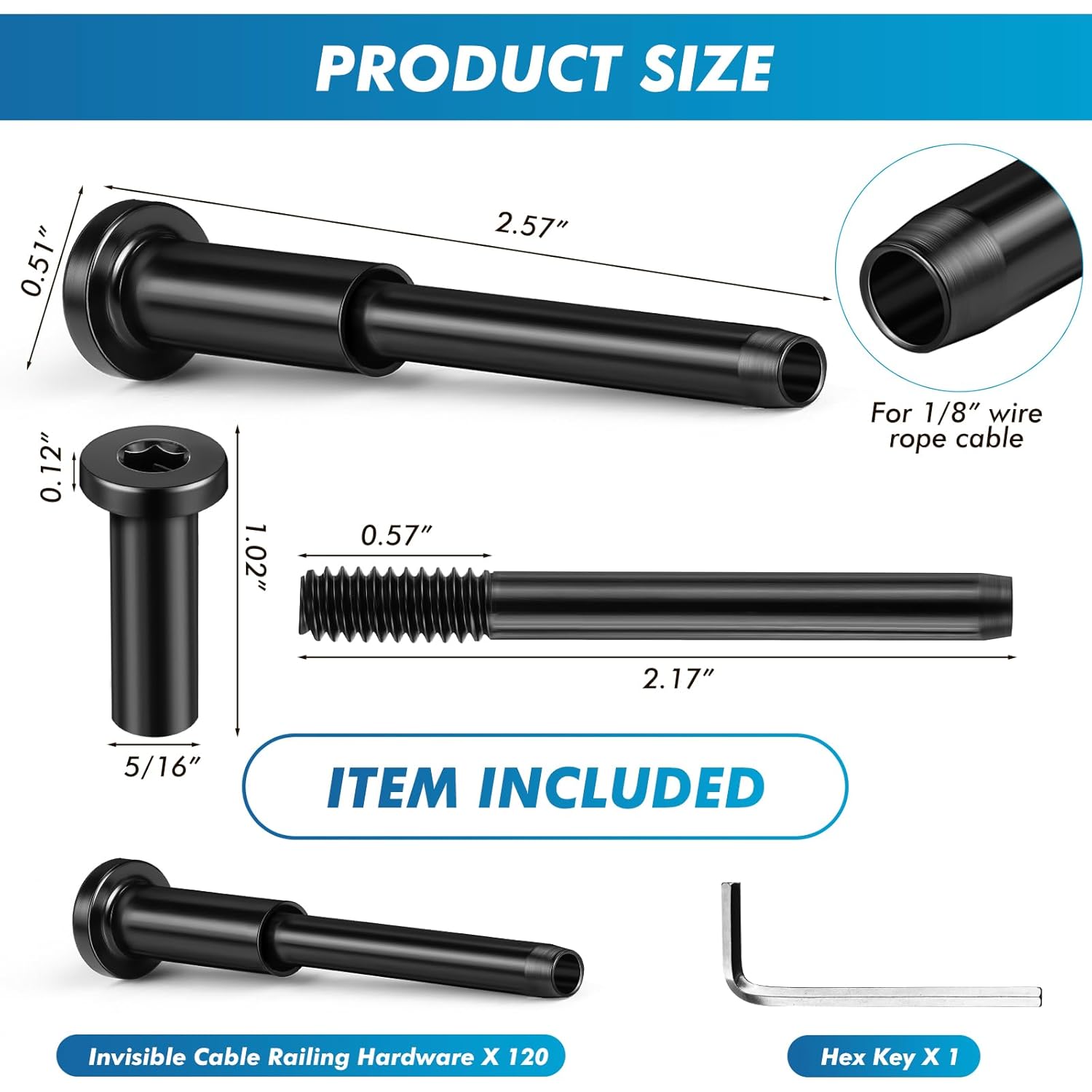 Blulu 120 Pack Invisible Cable Railing kit, T316 Stainless Steel 1/8" Invisible Receiver and Swage Stud End for Cable Railing, Swage Tensioner 1/8" for Wood/Metal Post, Hardware (Black)