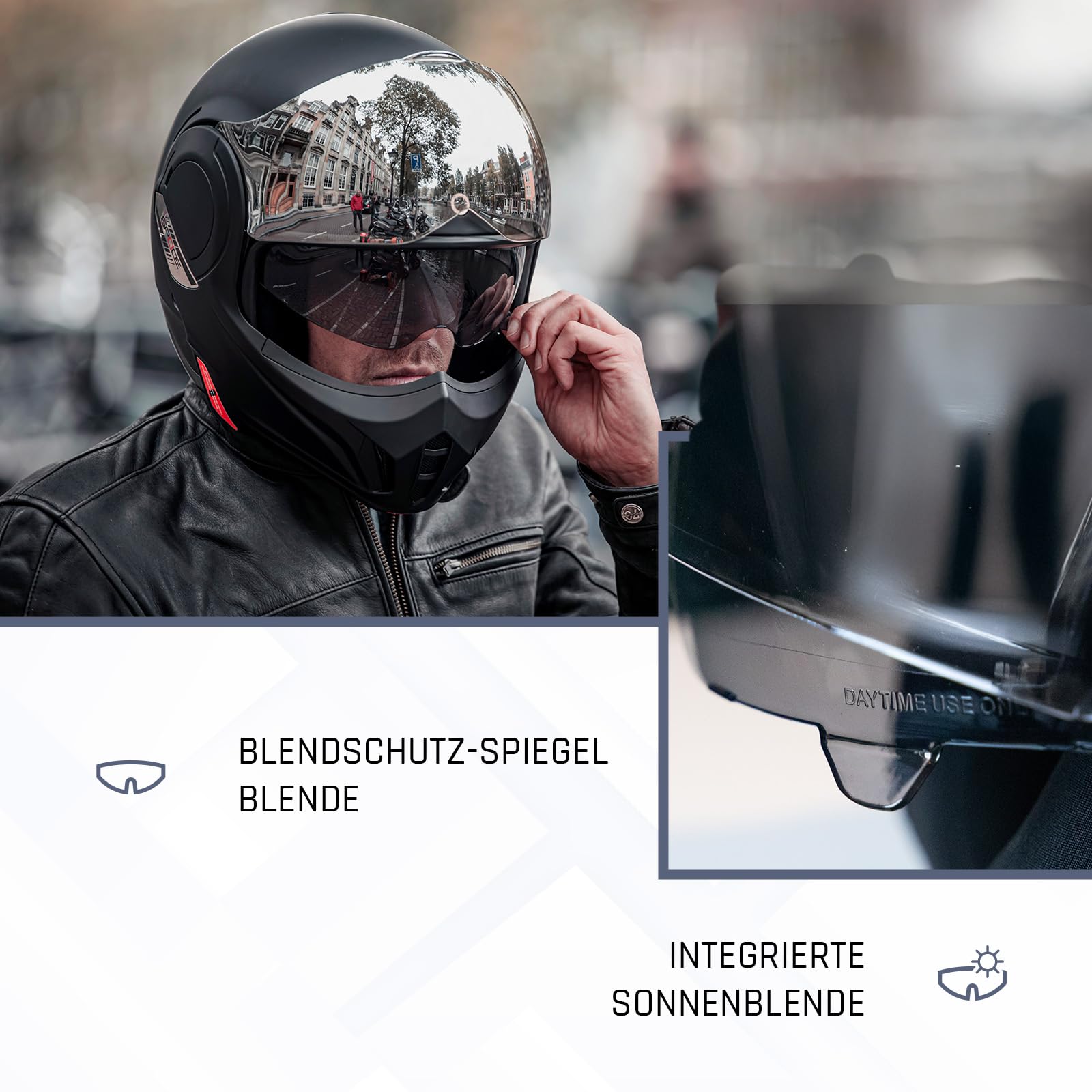 BEON Stratos Motorradhelm - Systemhelm Klapphelme mit Visier und Sonnenblende - Rollerhelm Sonnenblende - Motorrad Helm Damen & Herren - Integralhelm 180° Klappbar - Anti-Kratz-Visier - L