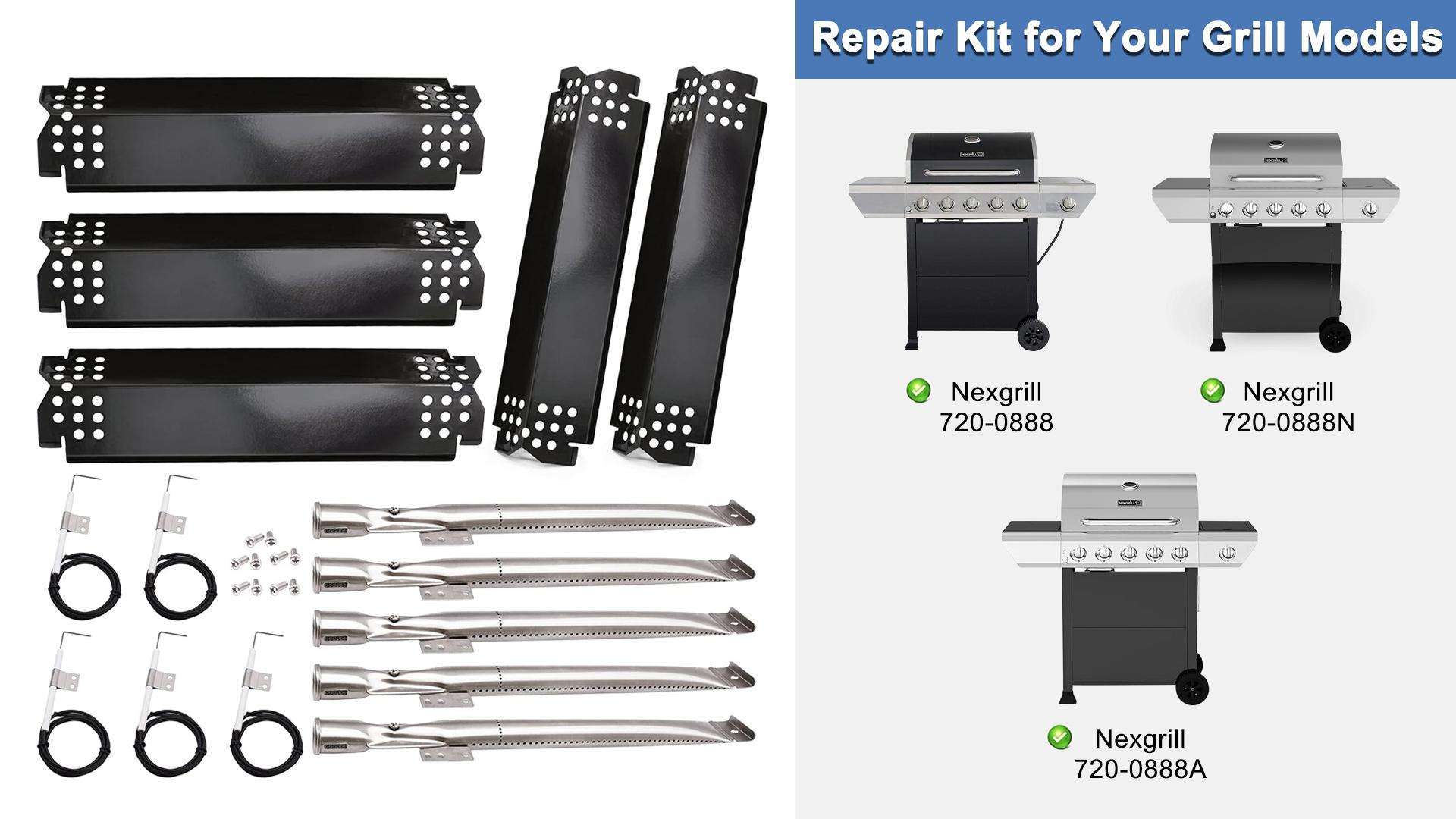 SafBbcue Kit de pièces de barbecue pour Nexgrill 720-0888N 720-0888 720-0888A 5 brûleurs, Nexgrill 720-0830H 720-0958A Pièces de rechange 4 brûleurs, grilles de cokéfaction, plaques chauffantes, tubes