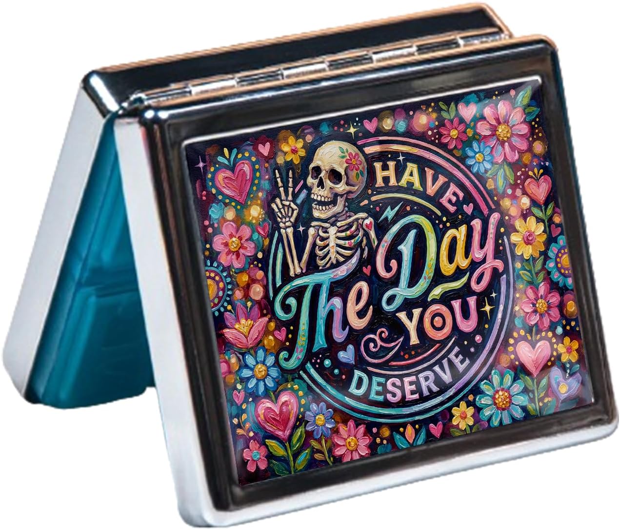 Metal Weekly Pill Organizer, 7 Day Pill Case with 8 Compartments, Travel Pill Box for Purse & Pocket, PP Dividers, Secure Clasp (Karma Skeleton)