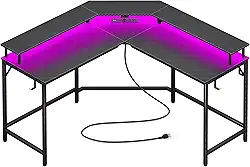 Mesa de jogos Huuger, Em Forma de L, com Tomadas Elétricas, Luzes LED, Mesa de Computador, Prateleiras para Monitores, Superfície de Fibra de Carbono, com Ganchos, Preto