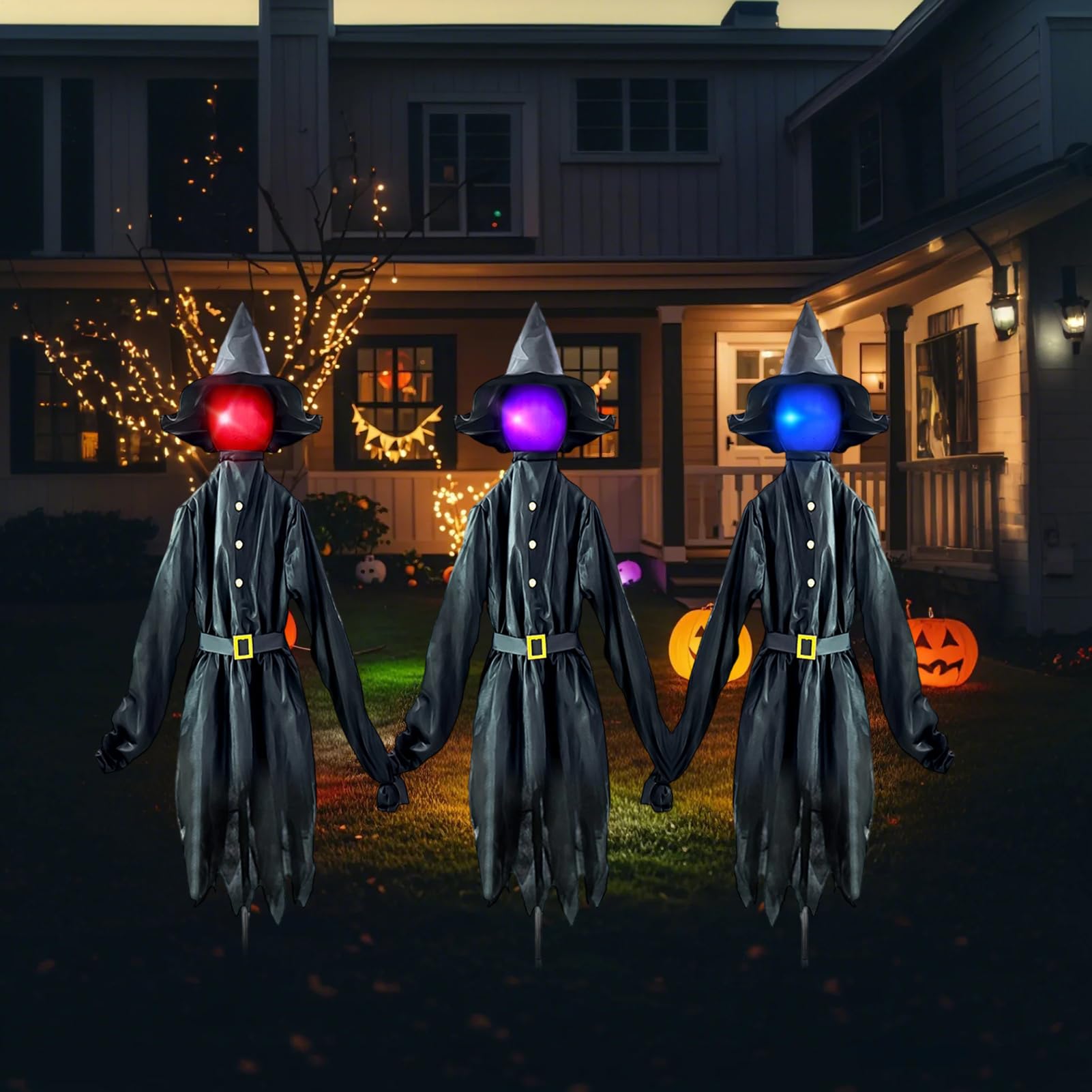 Dekoracje Zewnętrzne Na Halloween Dekoracje Wiedźmy Z Oświetlaną Twarzą | Przerażający Pal Z Diodami Świecąca Twarz 150 Cm Na Ścieżkę Taras Nawiedzony Dom