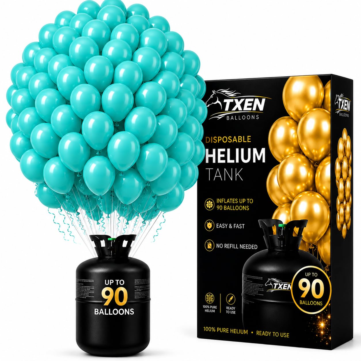 TXEN Disposable Helium Tank 22L with Aqua Blue Balloons, Fills Up to 90 Balloons, Portable Helium Gas Cylinder for Birthday Party, Wedding, Baby Shower & Event Decoration (22 L)