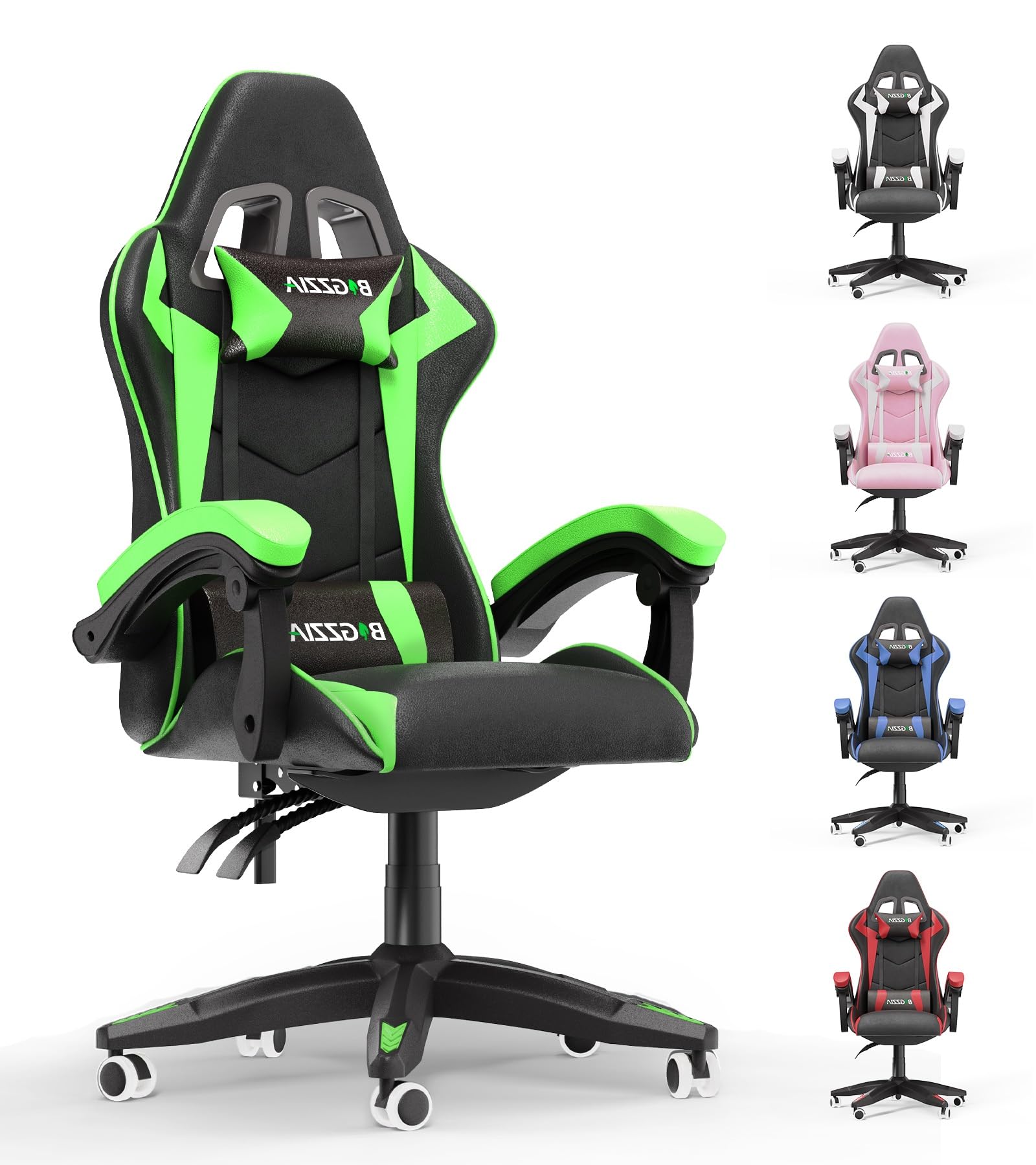 Racingreat Gaming Chair, Ergonomic Computer Racing Chair with Headrest and Lumbar Support, PU Leather High Back Height Adjustable Swivel Game Chairs for Adults (Without Footrest, Green)