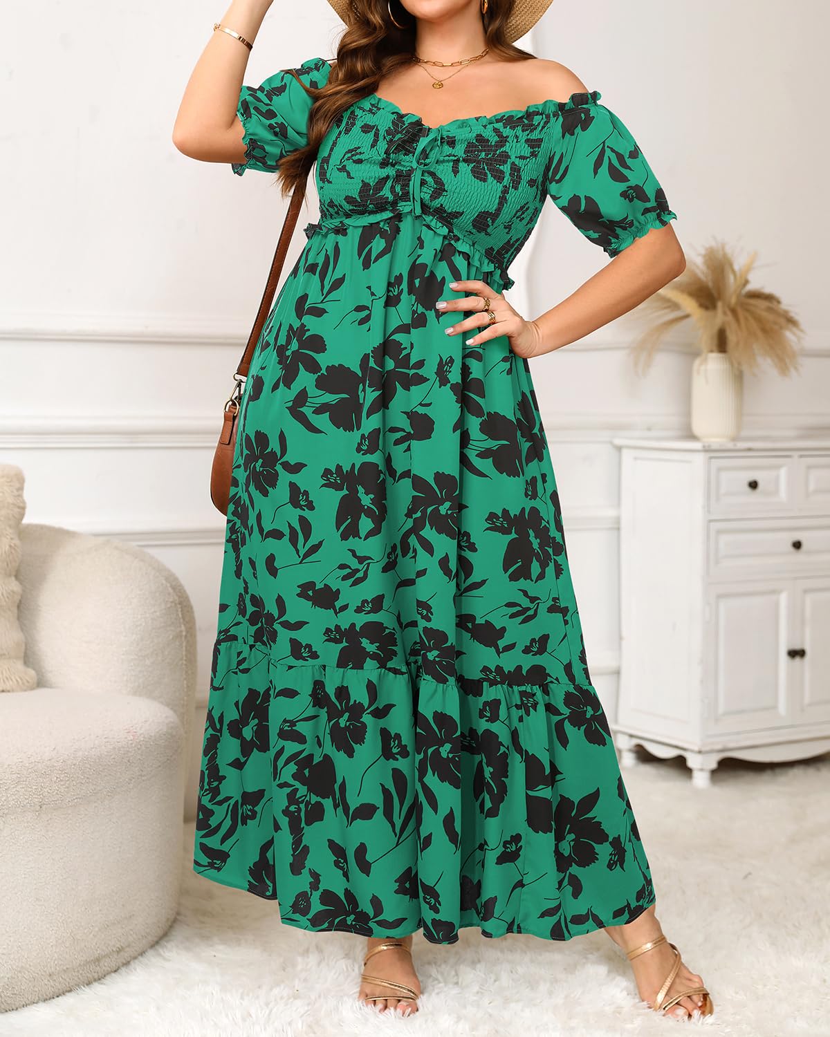 Sonnenkleider in Übergröße für Damen, Sommer, schulterfrei, Puffärmel, A-Linie, Boho, Maxi-Flow-Kleid, langes Kleid 2025