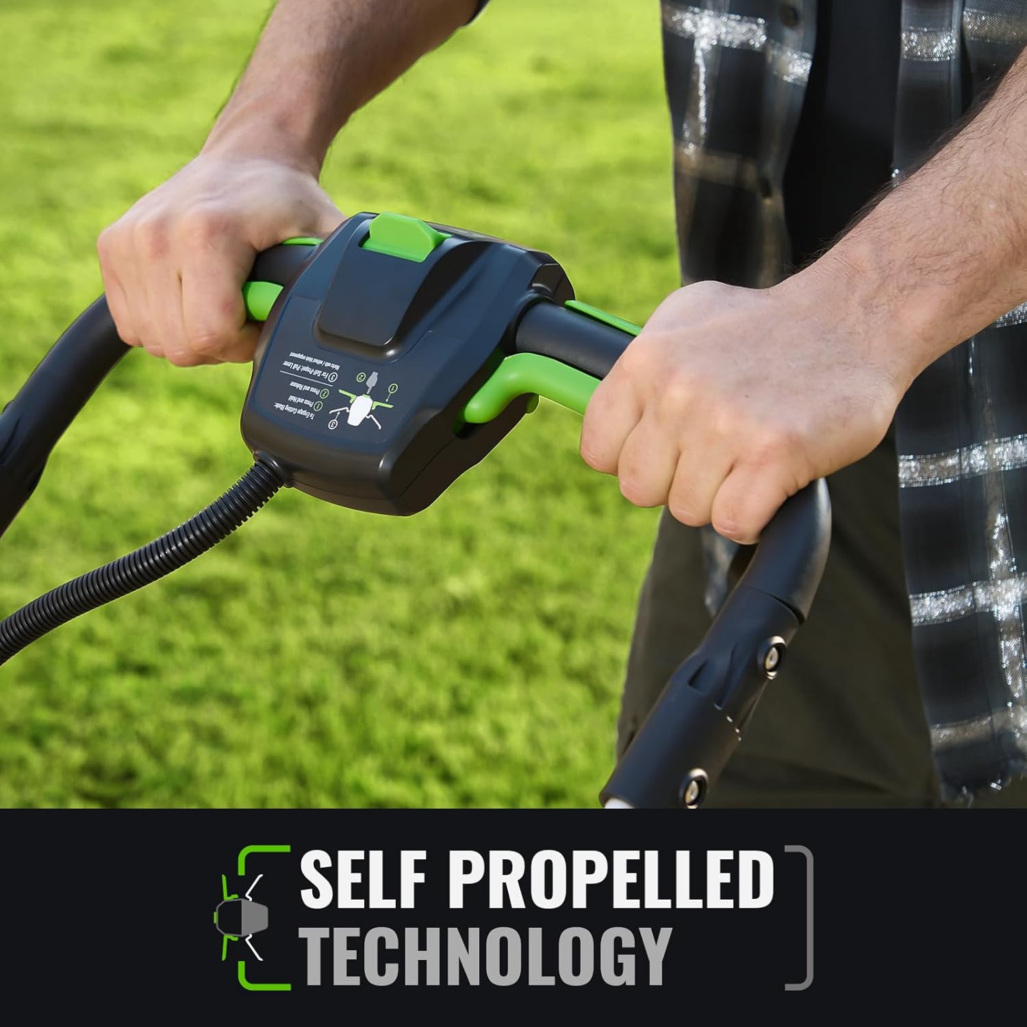 Close-up of NovorikX lawn mower handle controls with self-propelled lever