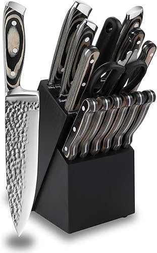 Juego de cuchillos de cocina de 15 piezas con bloque de madera, mango de madera texturizada negra, juego de cuchillos, juego de bloques de cuchillos