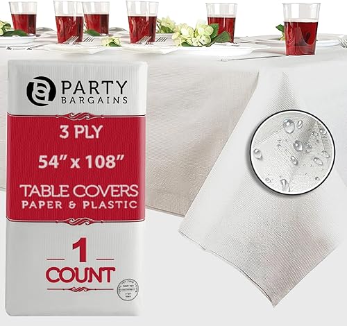 Miniatura 12 de PARTY BARGAINS Manteles de mesa desechables, 54 x 108 pulgadas, color rojo, 3 capas de papel y plástico, resistentes a derrames, 5 unidades